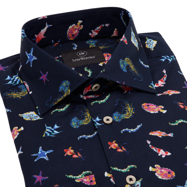 Dress Shirt Ocean Print (NAVY)