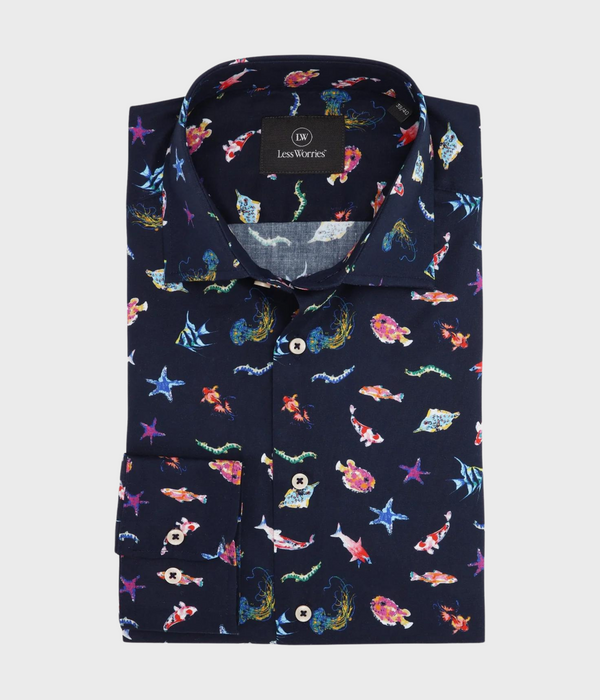 Dress Shirt Ocean Print (NAVY)