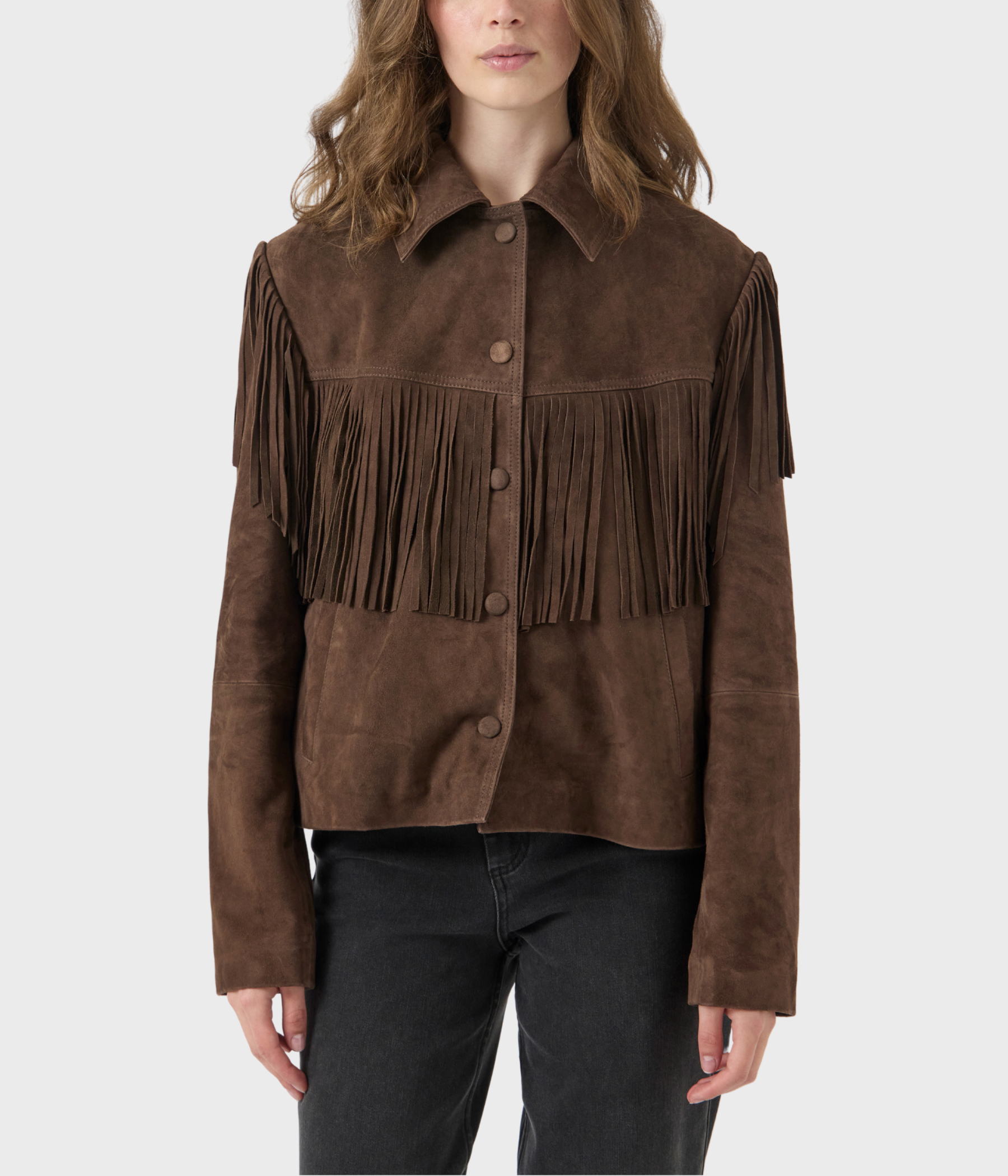 YASHANNAH LS SUEDE LEATHER FRINGE JACKET (Chocolate brown)