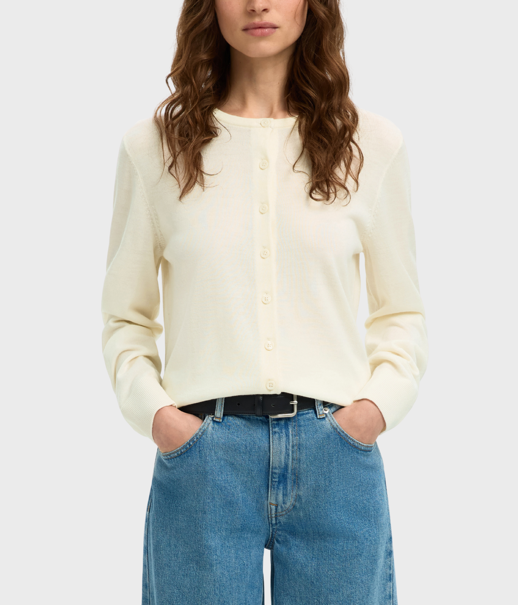 SLFTHEA LS KNIT MERINO CARDIGAN NOOS (EGRET)