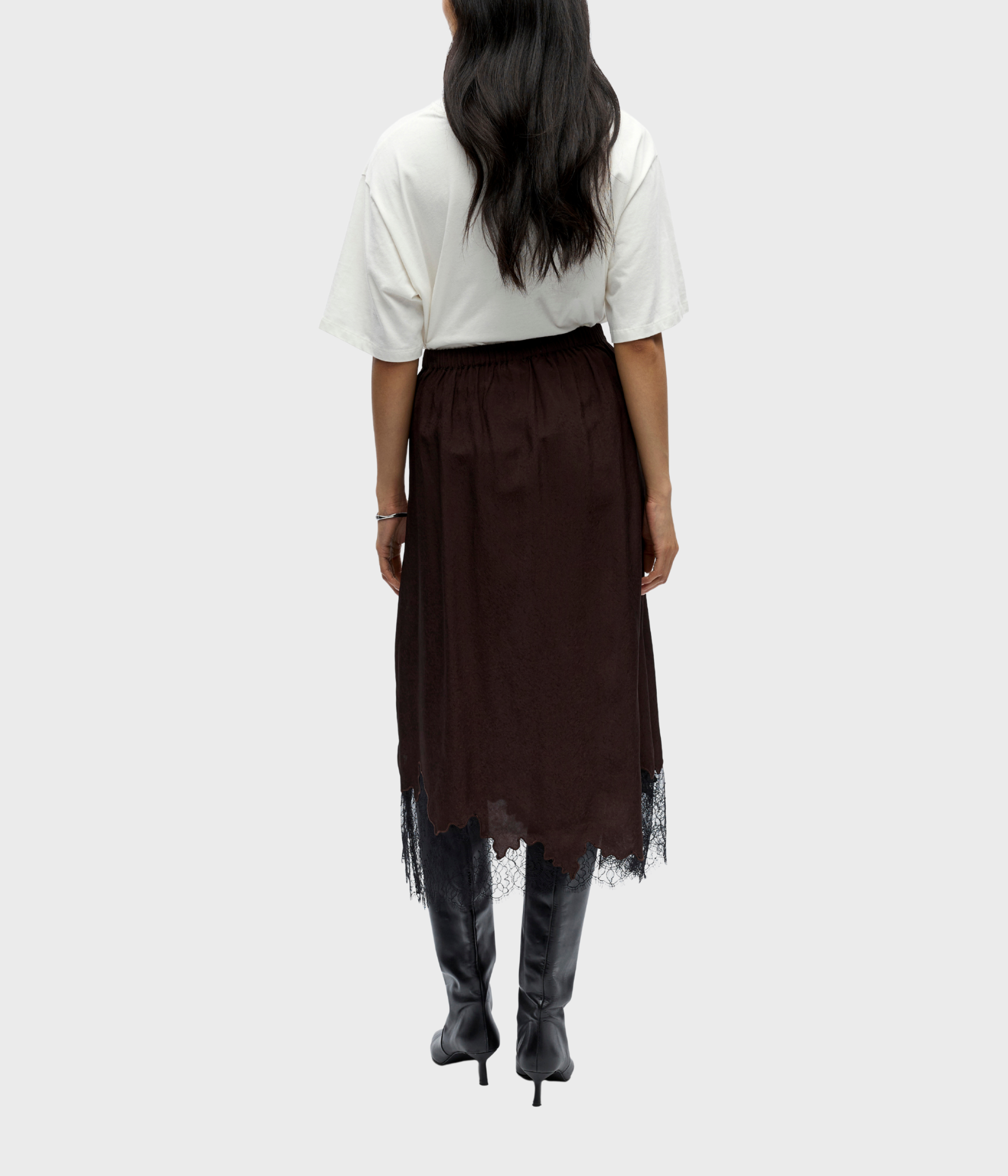 OBJDALME MW LONG LACE SKIRT E AW FAIR 25 (Seal Brown/ Detail:Black lace)