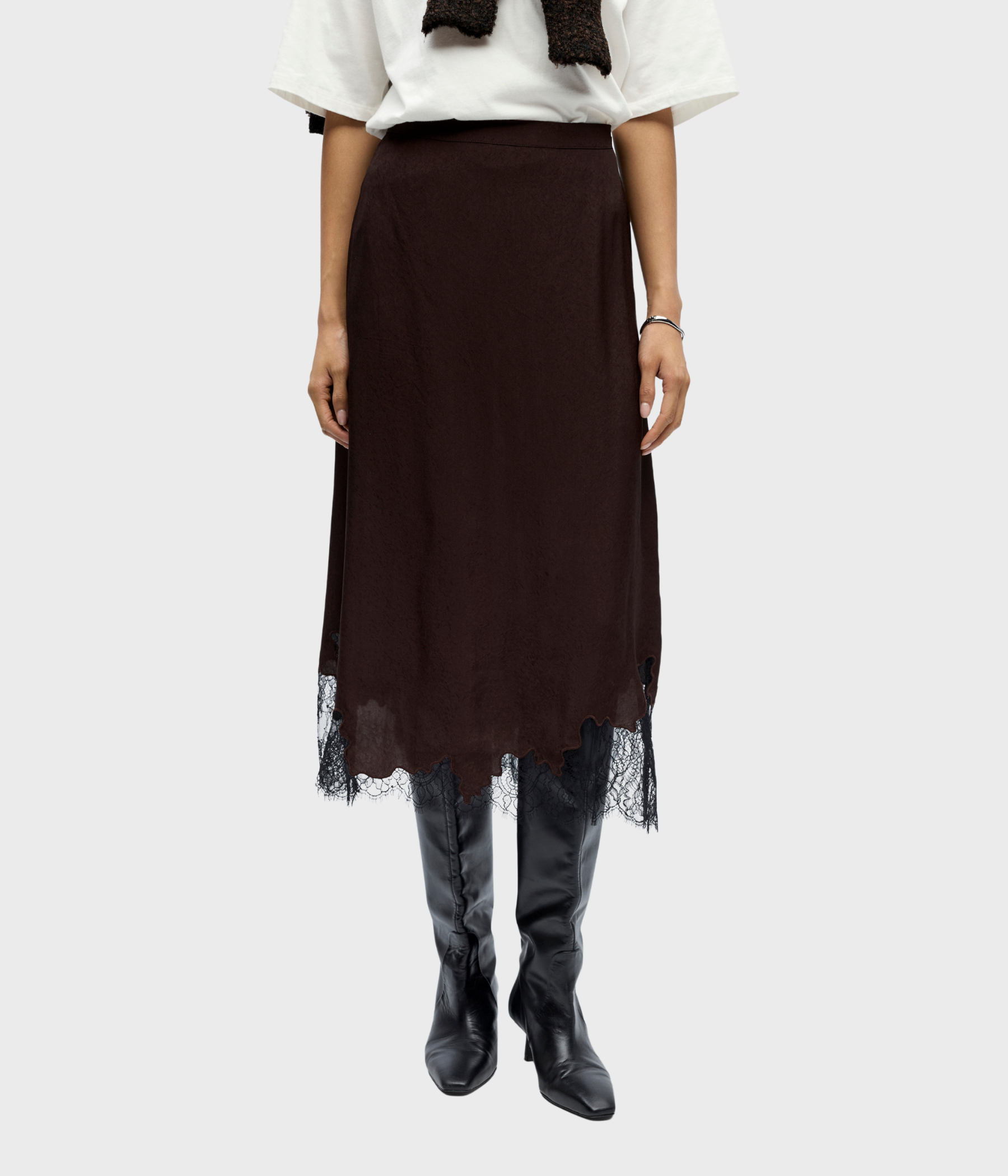 OBJDALME MW LONG LACE SKIRT E AW FAIR 25 (Seal Brown/ Detail:Black lace)