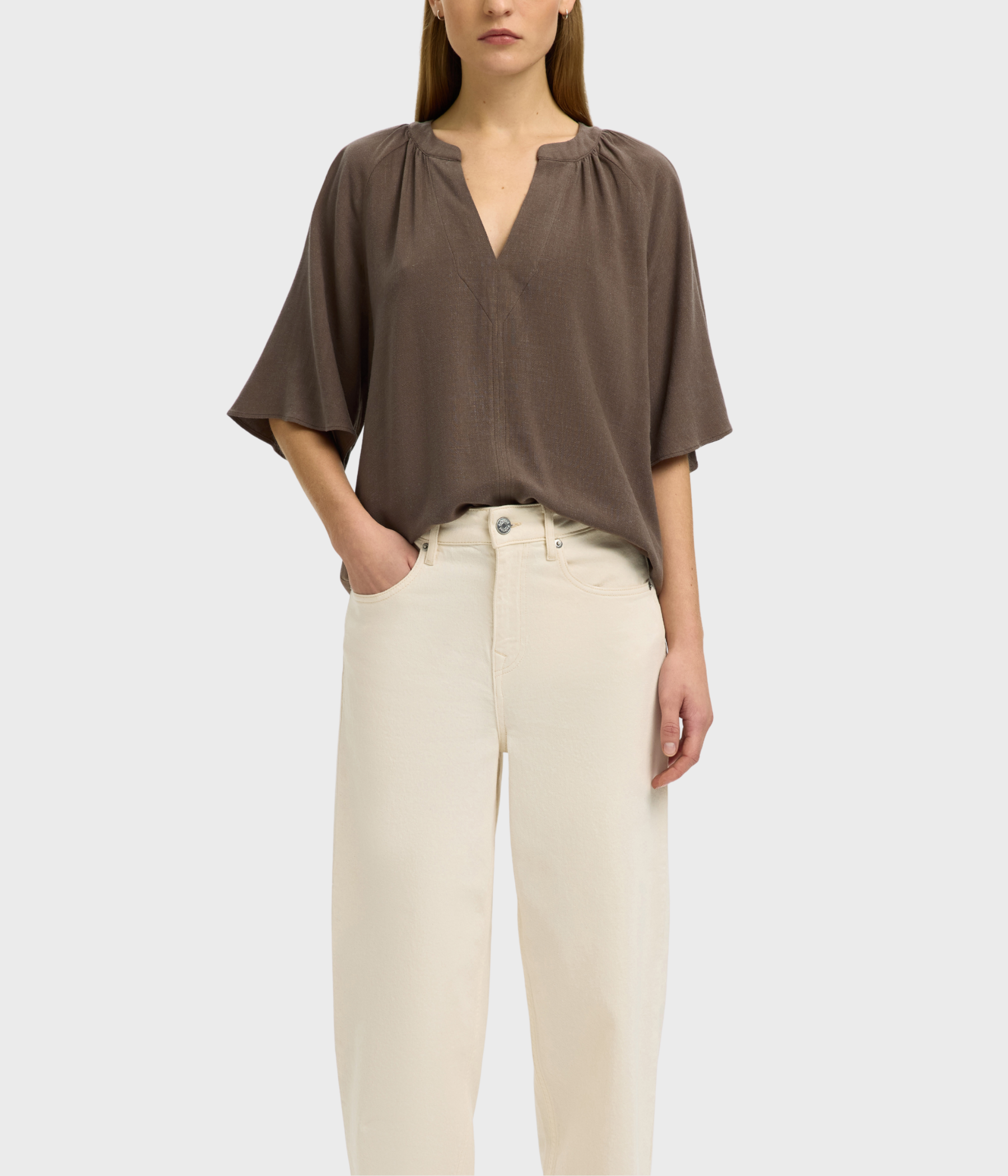 SLFVIVA 2/4 V-NECK LINEN BLEND TOP NOOS (CHOCOLATE CHIP) - D.O. Design Only