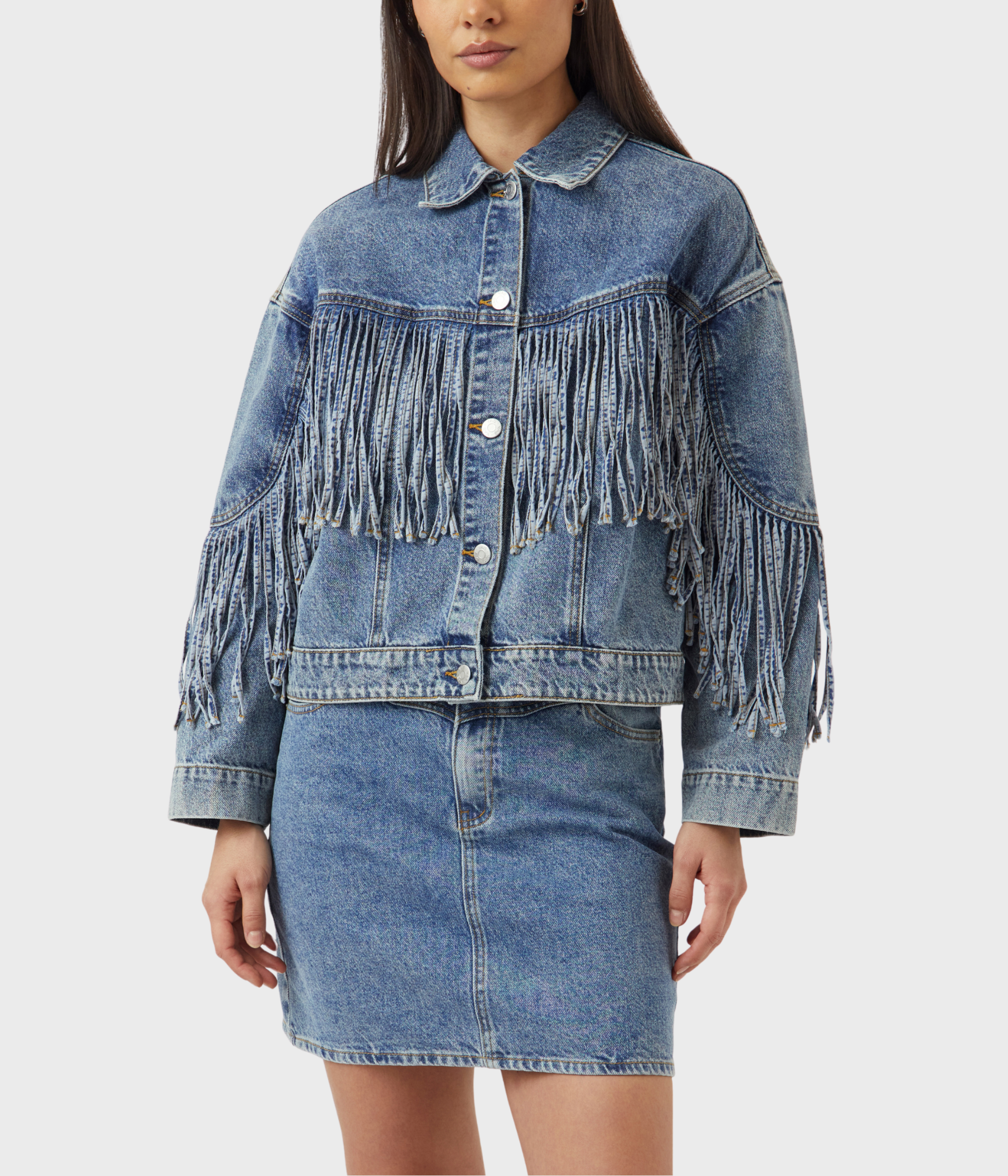 YASAIKO LS DENIM FRINGE JACKET - D2D (Medium Blue Denim)