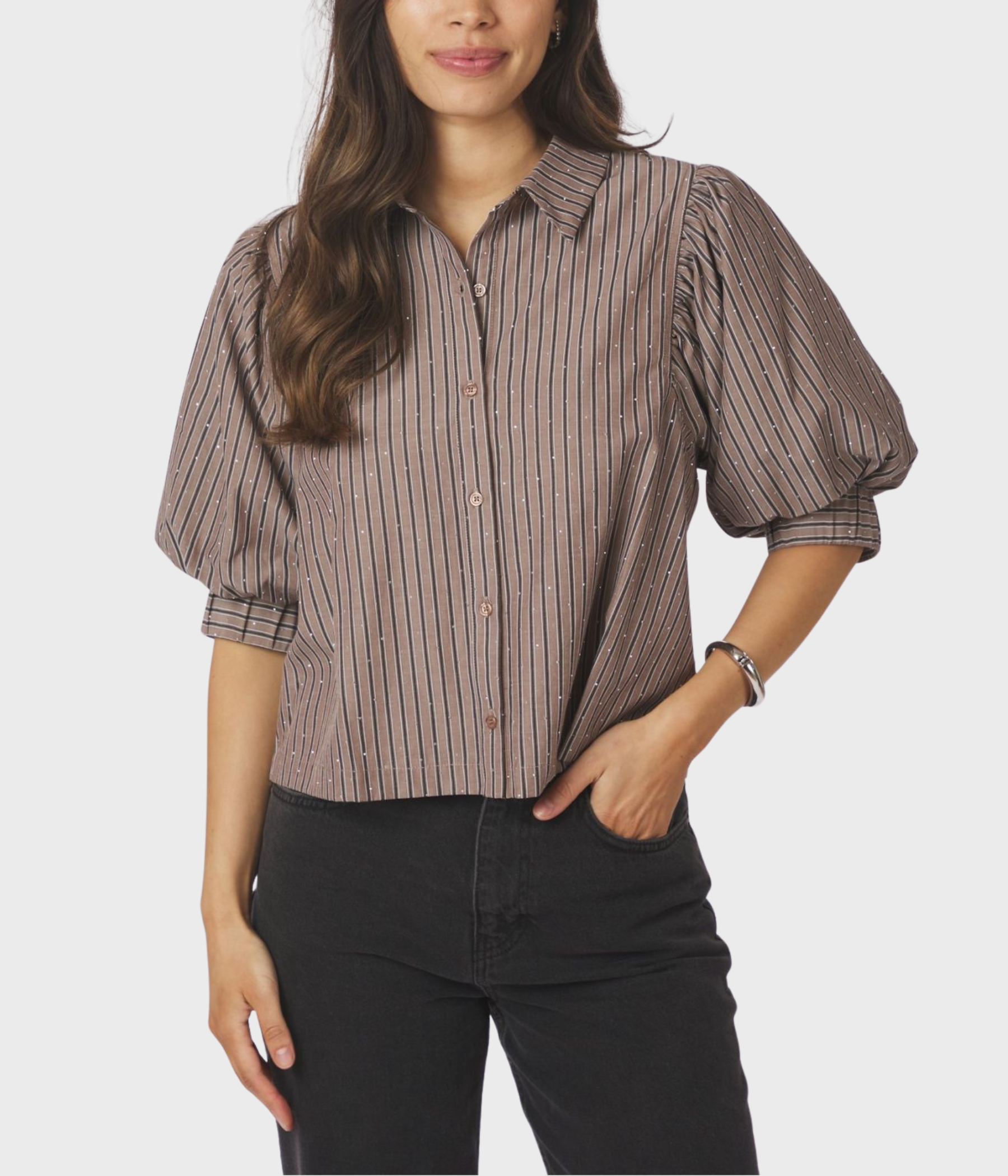 Etta Soft Stripe Stone Shirt. (Brown)