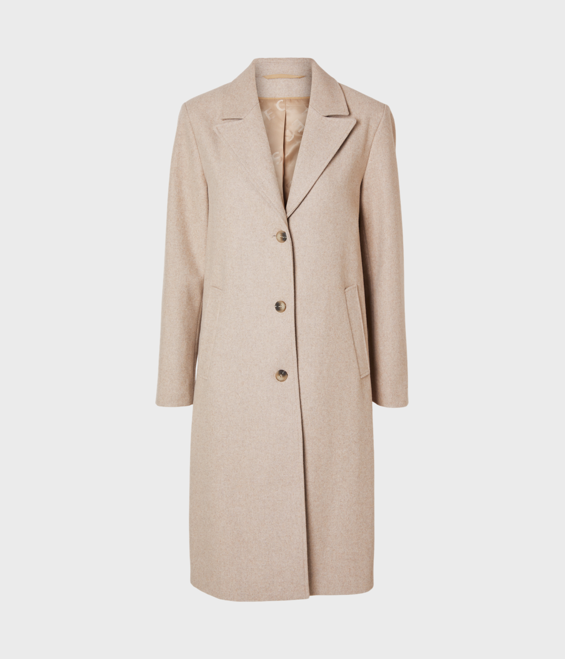 Beige enkelknäppt ullkappa