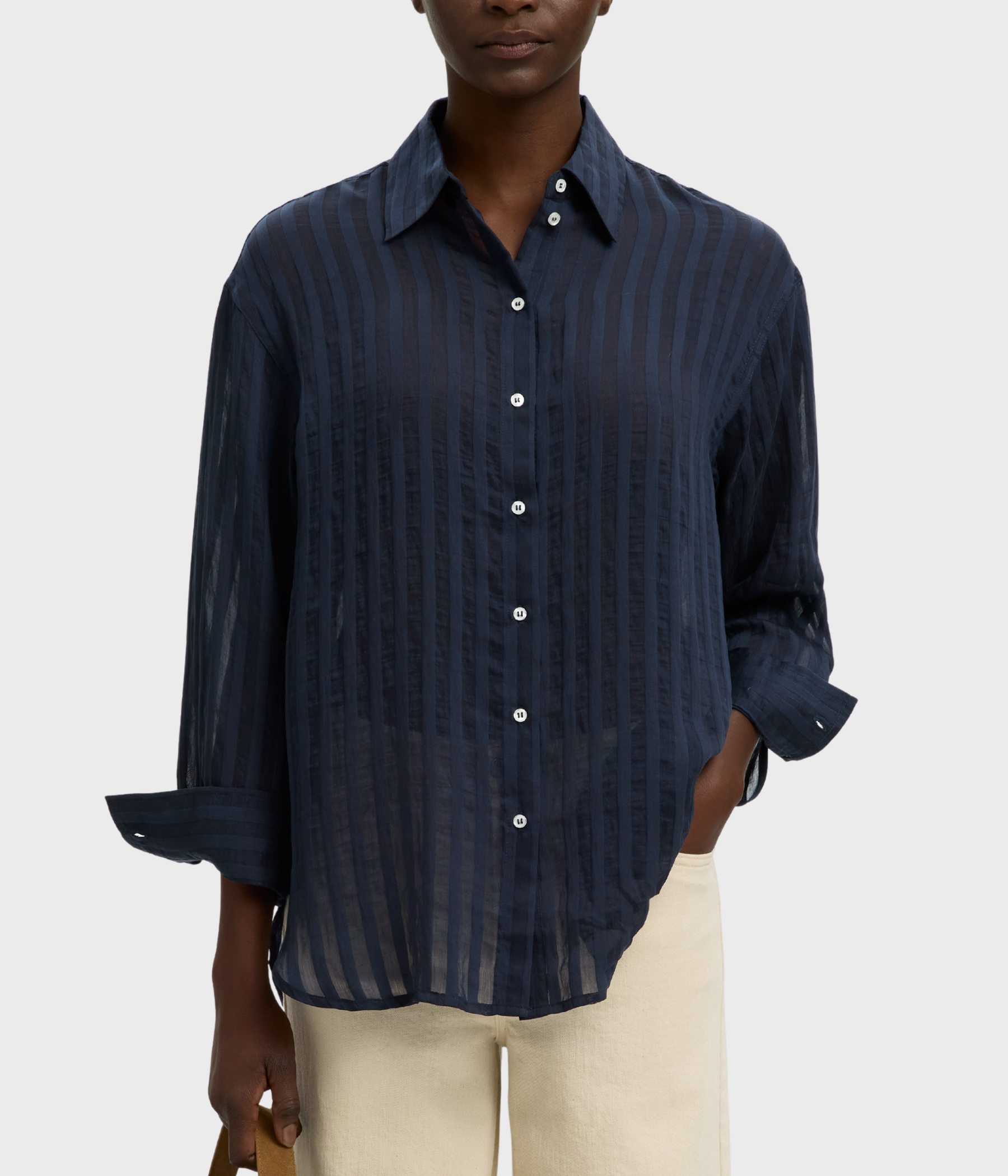Slftoran Oversized Ls Striped Shirt B (Dark Sapphire)