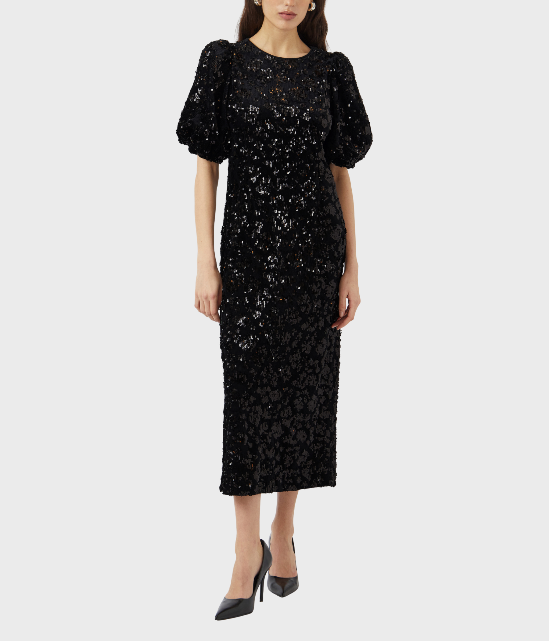 YASSOFIE 2/4 SEQUIN MIDI DRESS - SHOW. (Black, Detail:W SEQUINS)