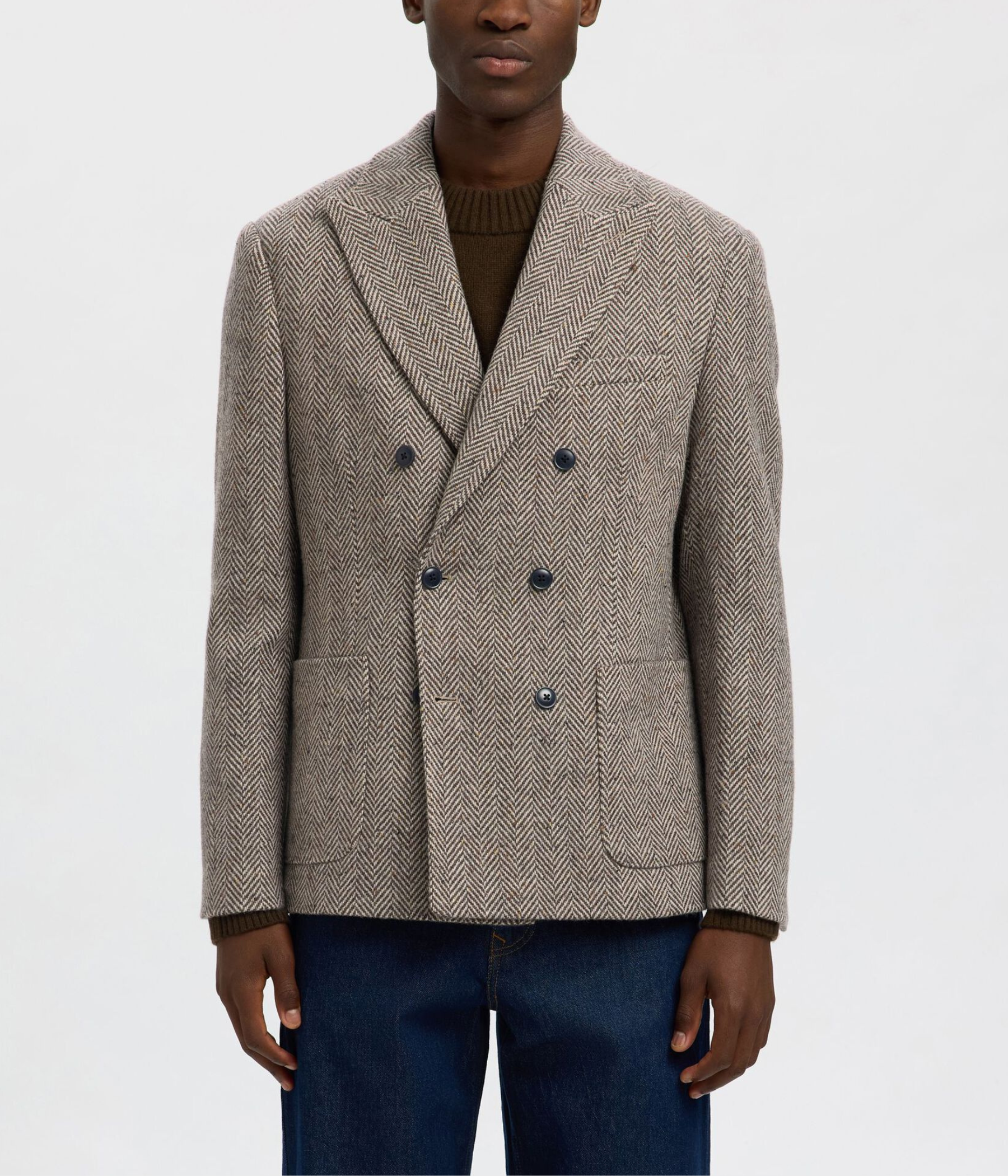 SLHREG-MORRIS HBONE WOOL BLEND DB BLZ. (Brown Rice Detail:HERRINGBONE)