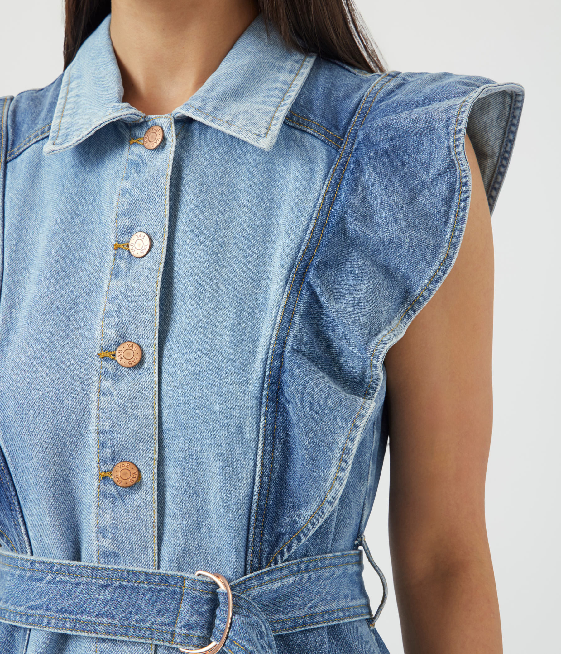 Yascawi Sl Denim Long Dress S. (Medium Blue Denim Detail:LIGHT BLUE DENIM BLOCKING)