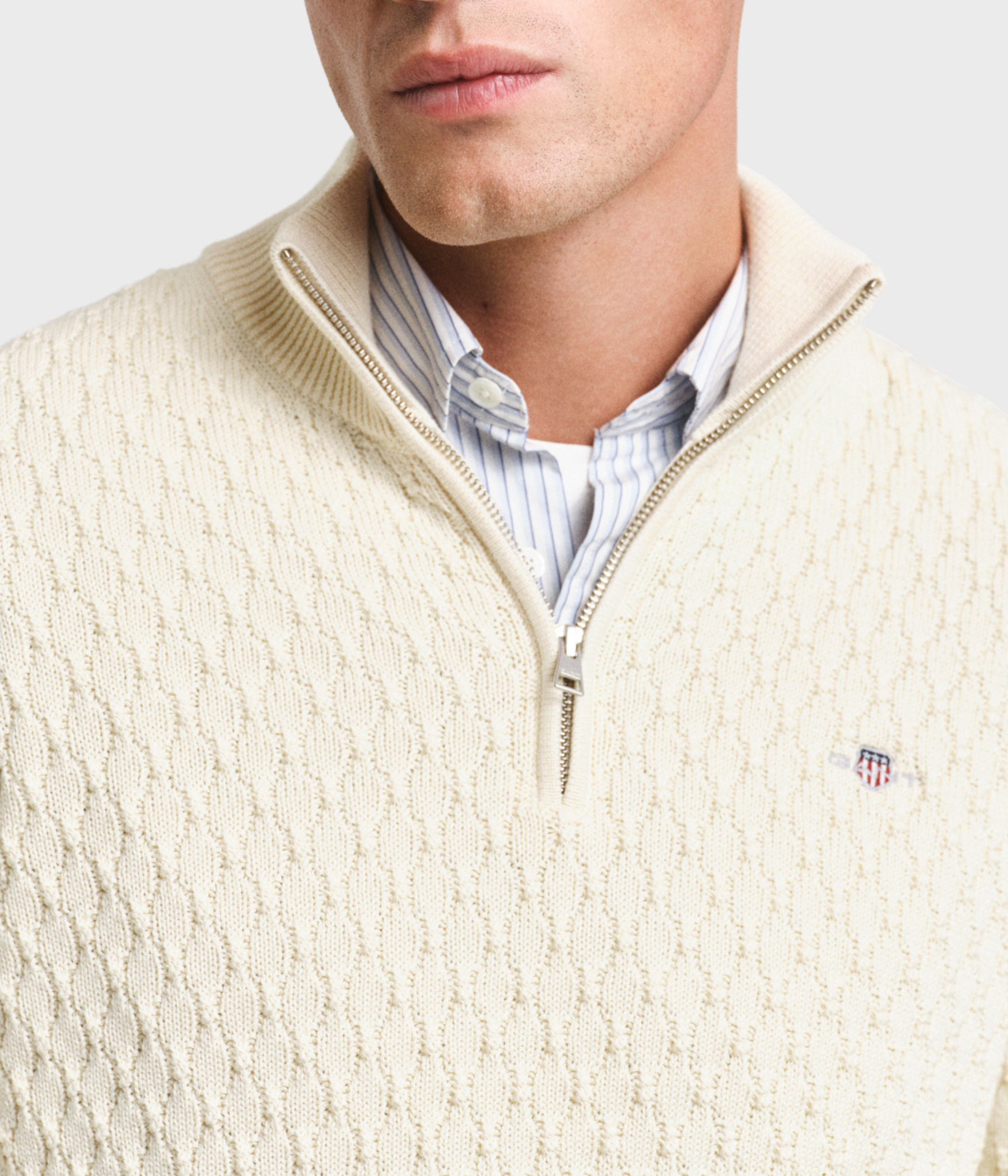 TEXTURED COTTON HALF ZIP (130 CREAM)