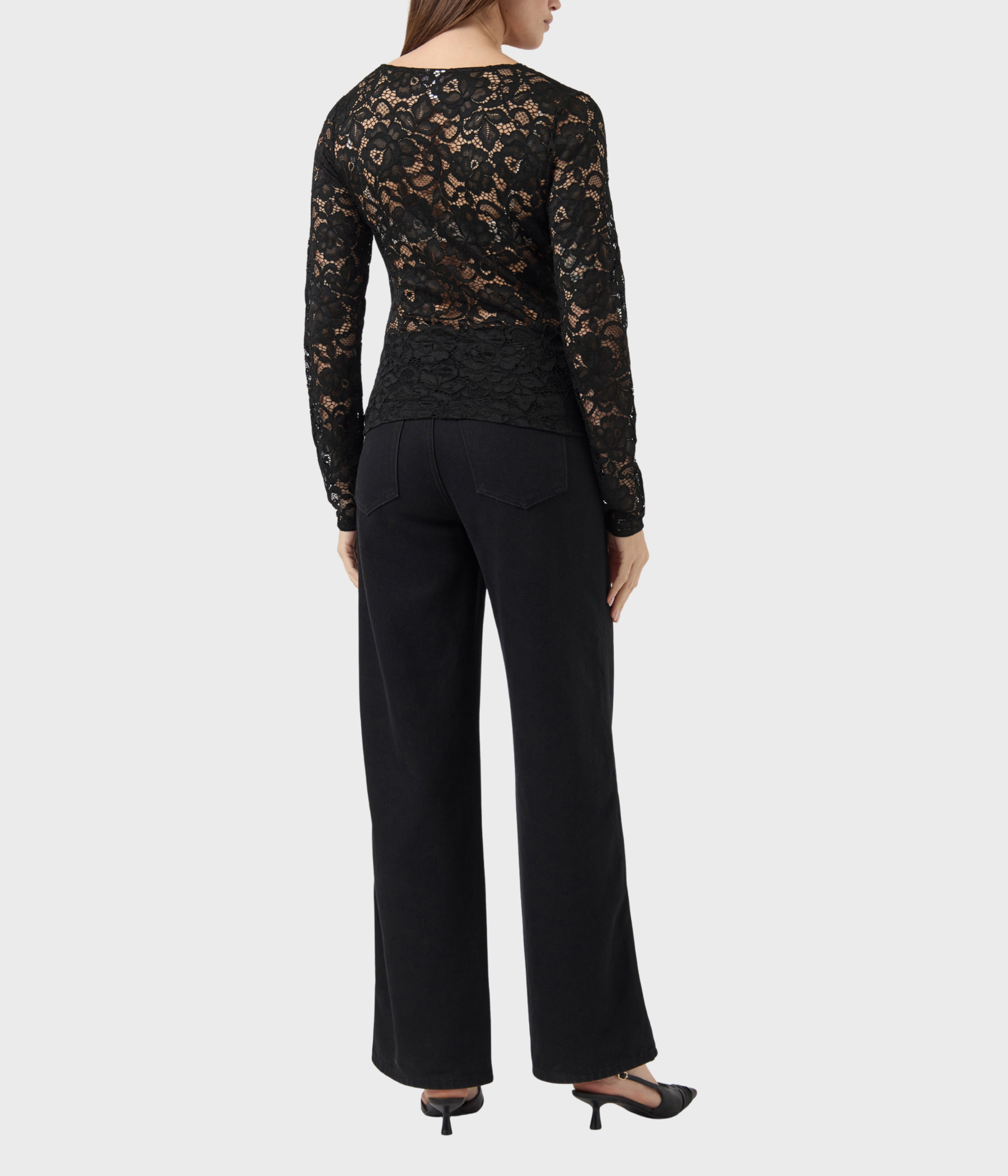 YASLACEY LS V-NECK LACE TOP S. NOOS (Black)