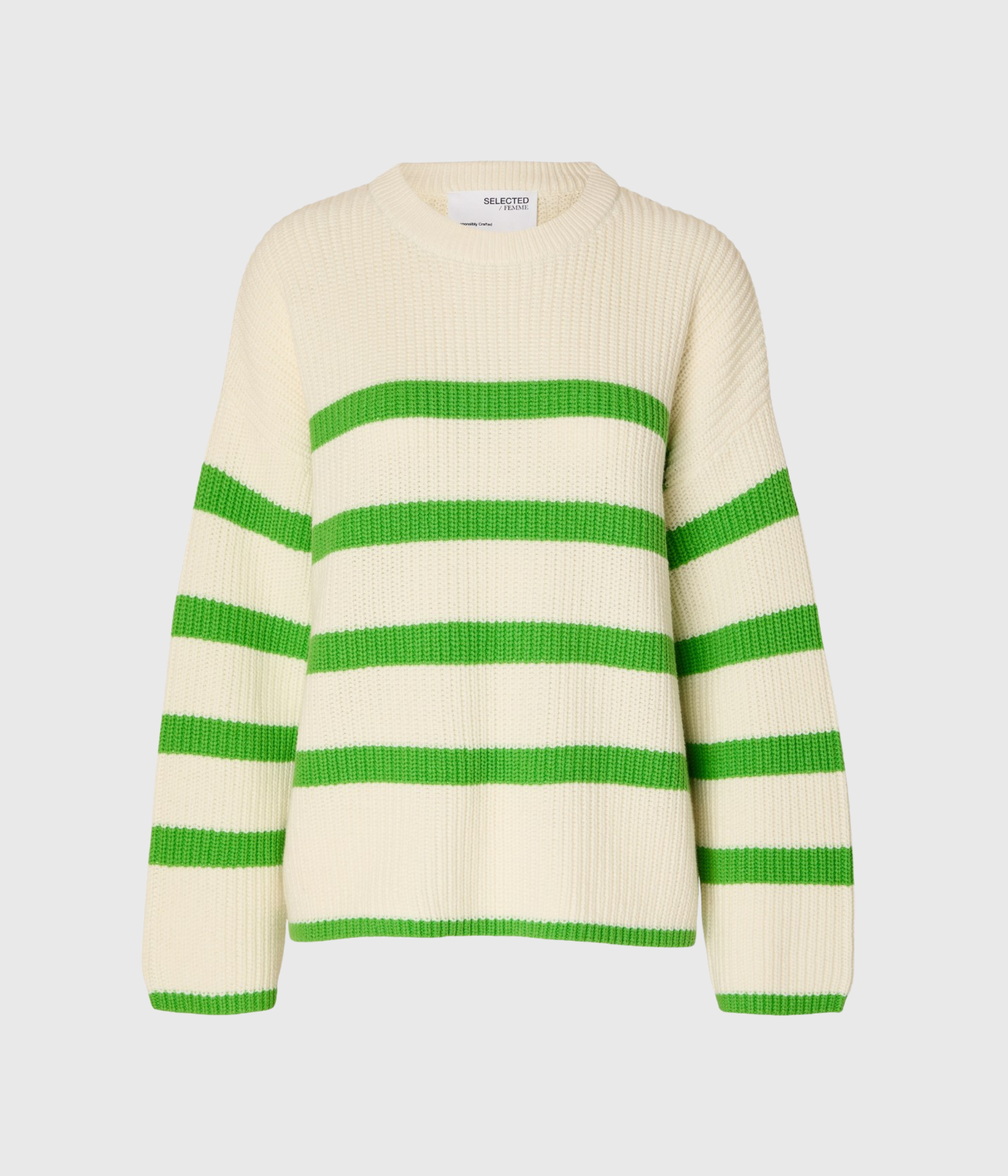 SLFBLOOMIE LS KNIT O-NECK D.O. Only NOOS White – (Snow Design Stripes:CLASSIC GREEN)