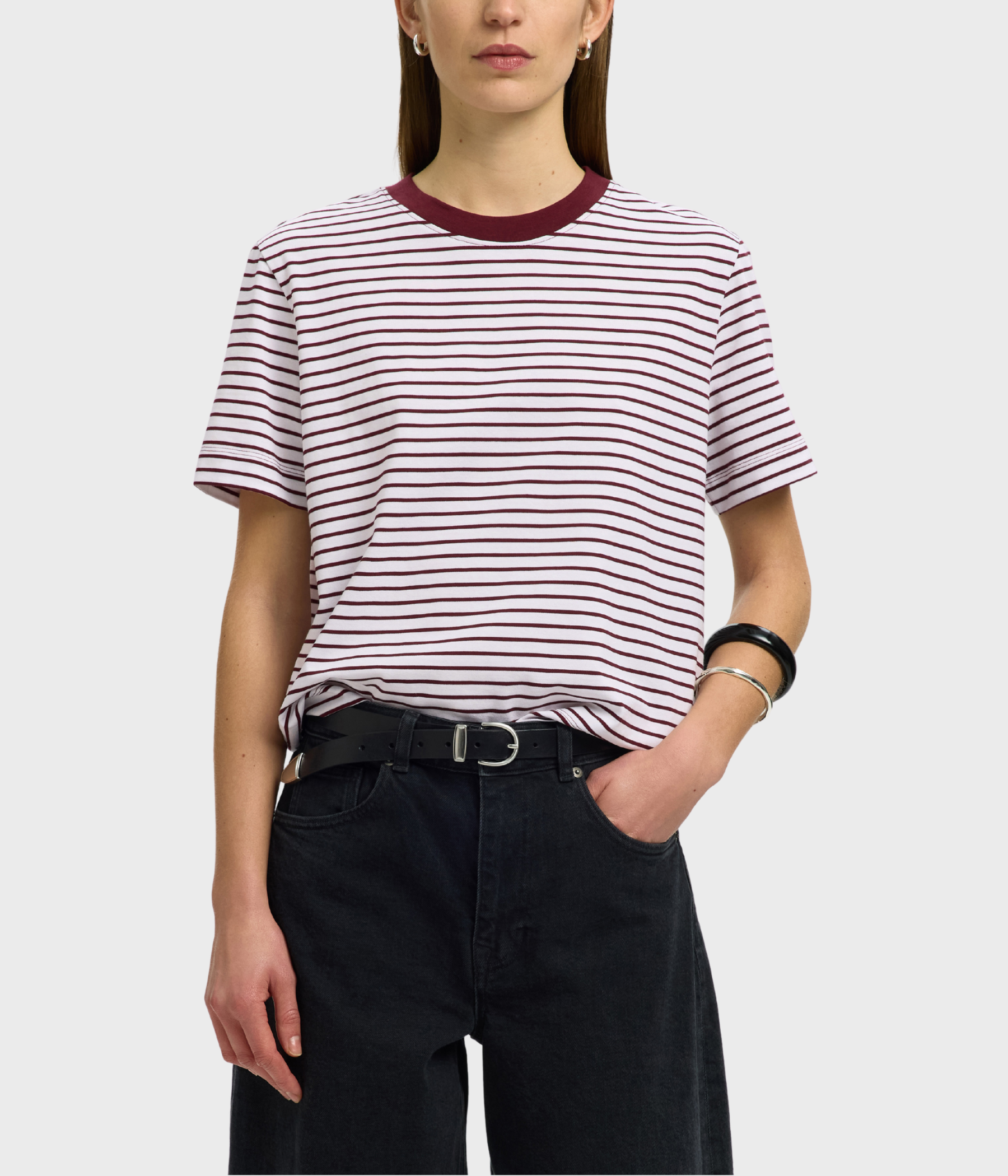 Slfessential Ss Striped Boxy Tee Noos. (Tawny Port Stripes:BRIGHT WHITE - THIN)