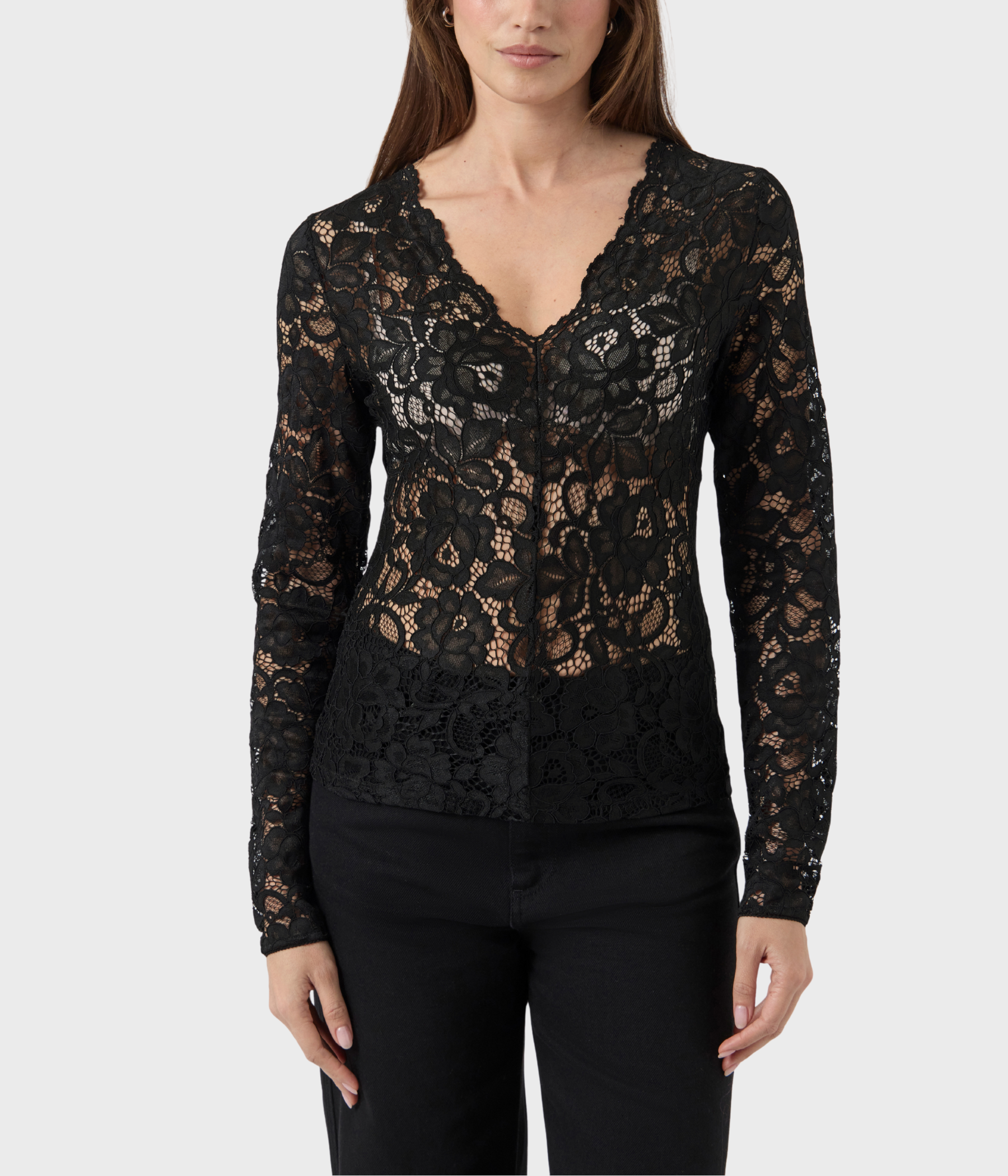 YASLACEY LS V-NECK LACE TOP S. NOOS (Black)