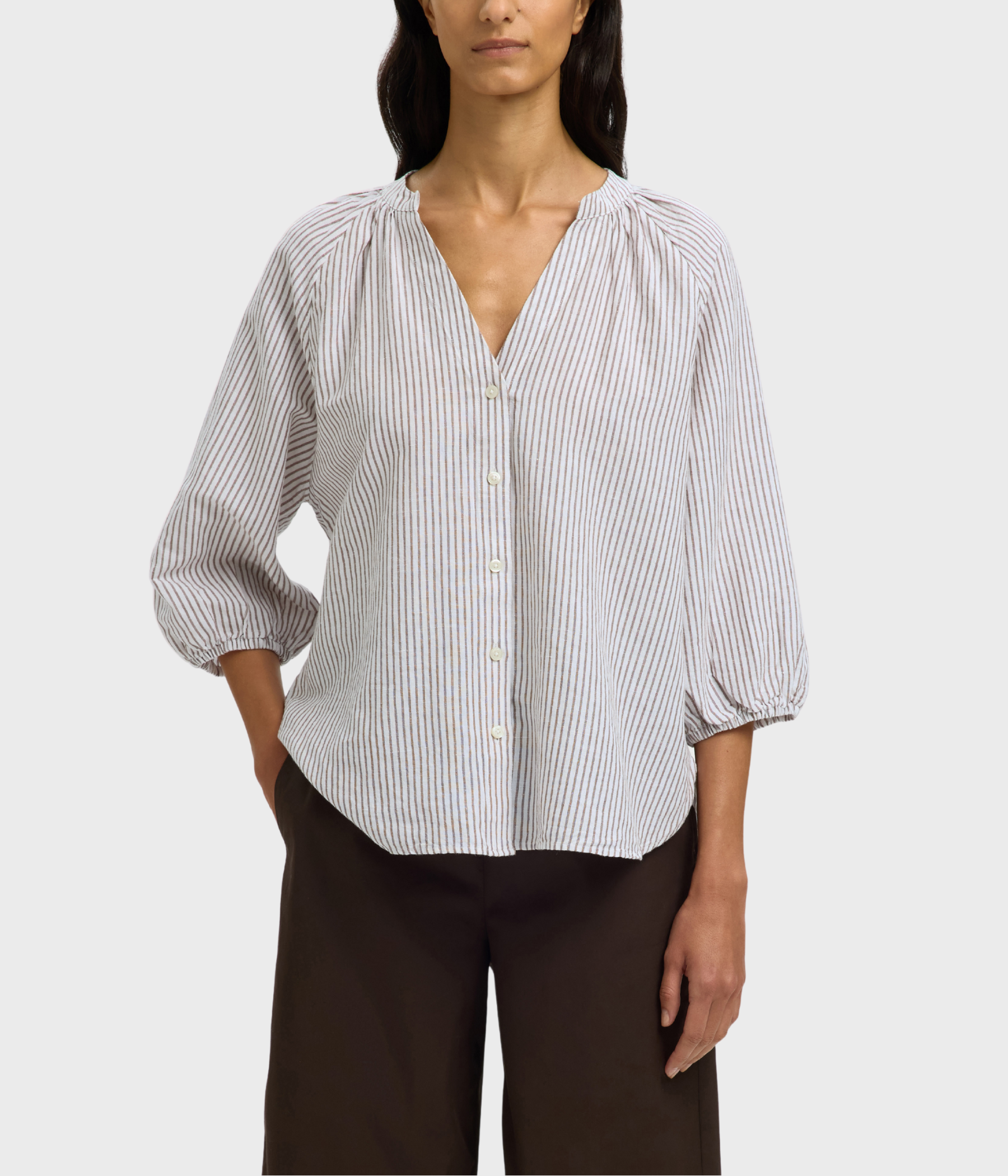SLFCLEO-ALBERTA LINEN BLEND SHIRT NOOS (Bright White Stripes:CHOCOLATE CHIP) - D.O. Design Only