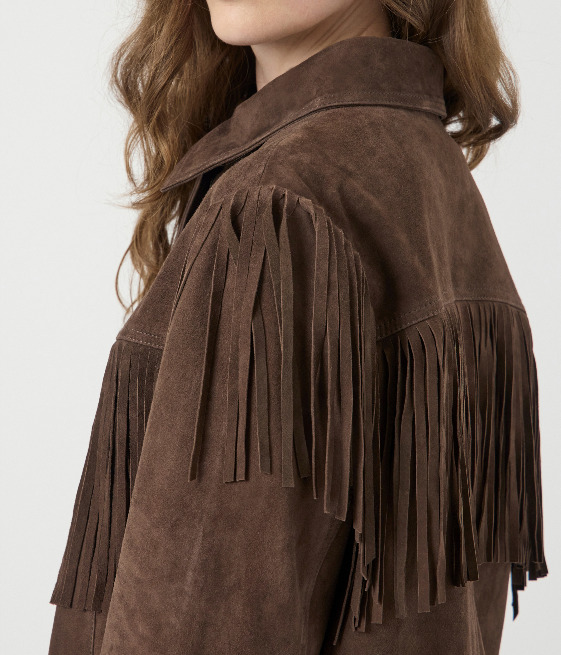 YASHANNAH LS SUEDE LEATHER FRINGE JACKET (Chocolate brown)