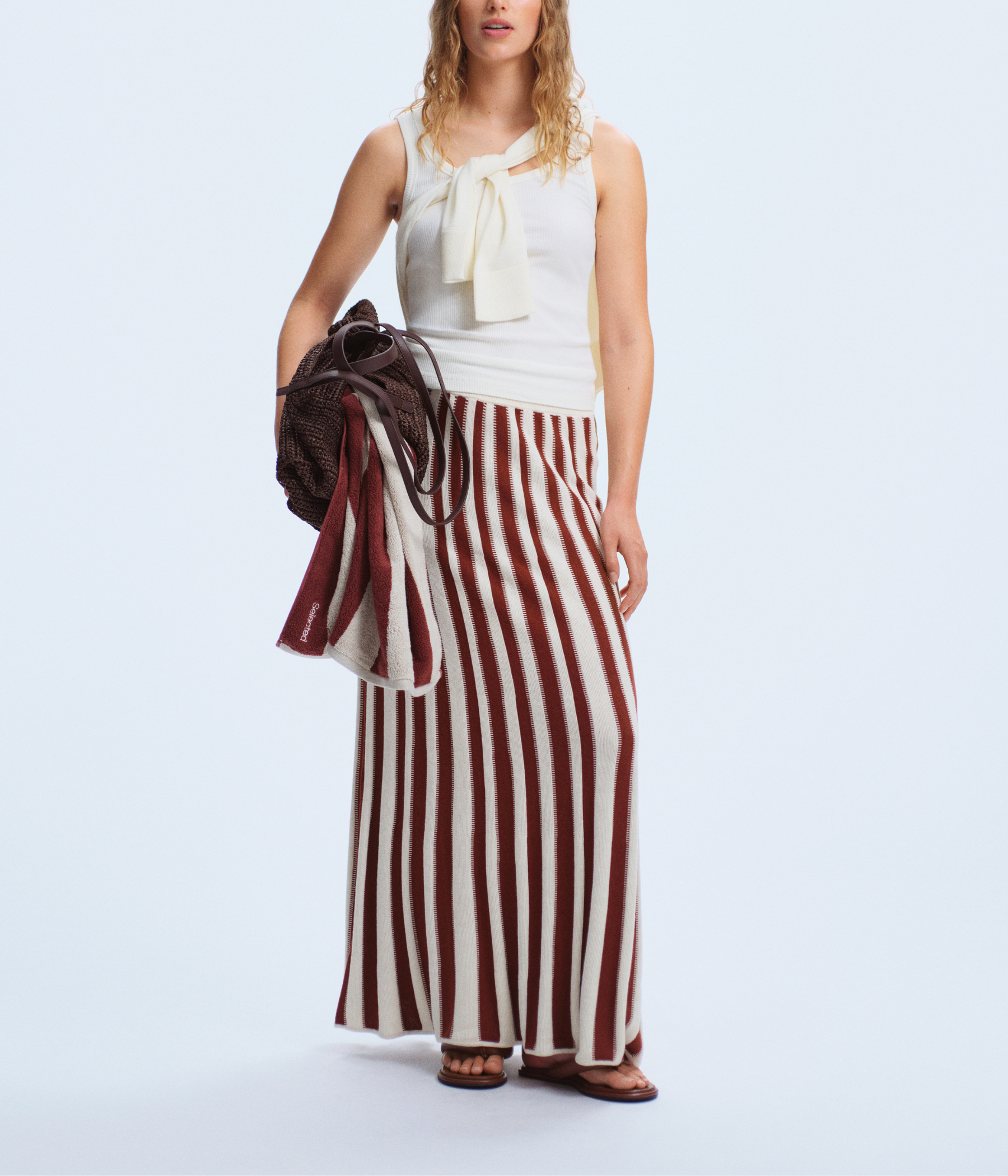 Slflina Hw Knit Long Skirt (Birch Stripes: Cherry Mahogany)