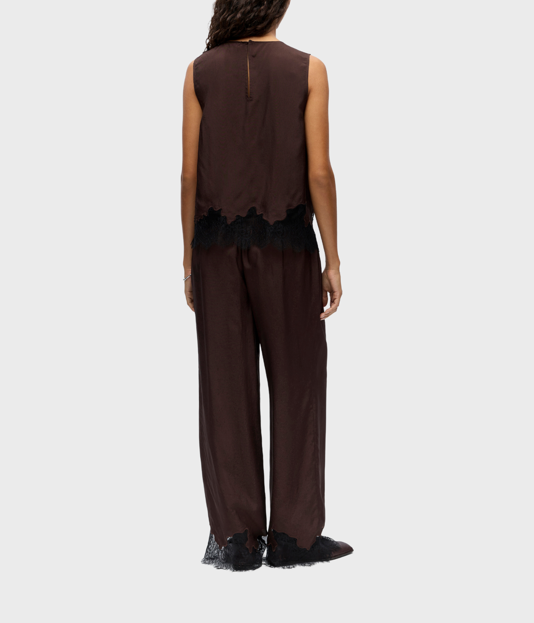 OBJDALME SL LACE TOP E AW FAIR 25 (Seal Brown/ Detail:Black lace)