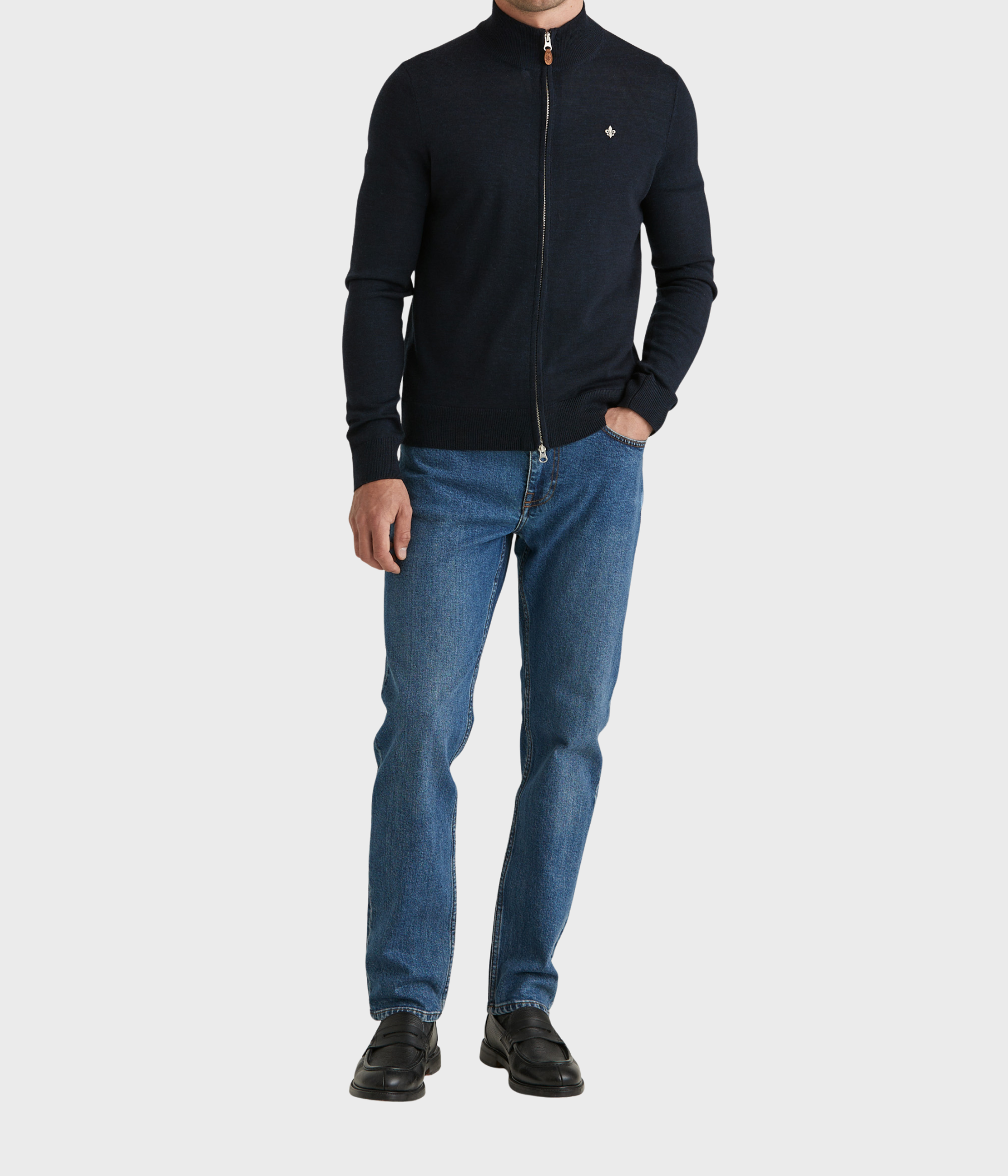 Merino Zip Cardigan. (60 Navy)