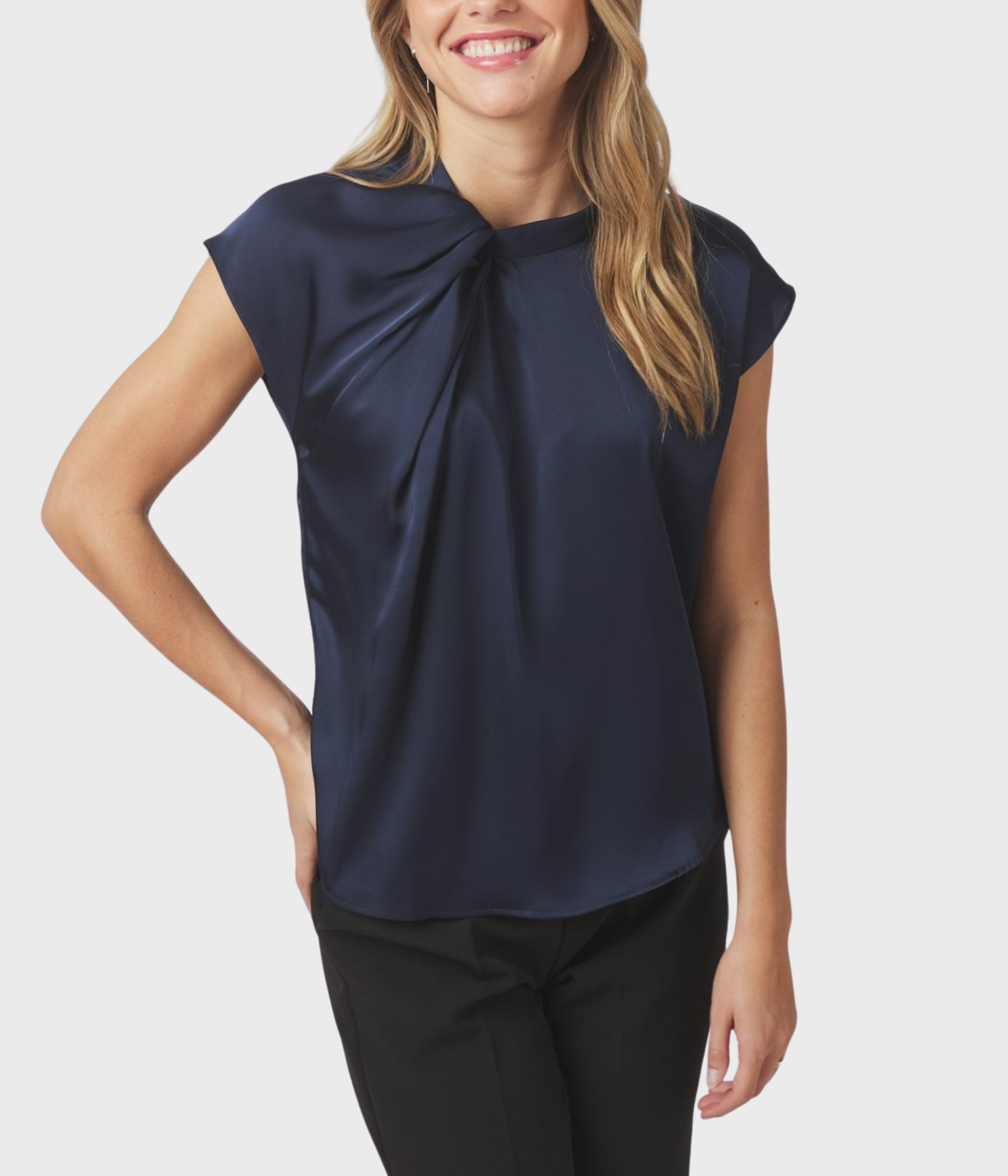 Fleur Drapy Satin Blouse (Navy)