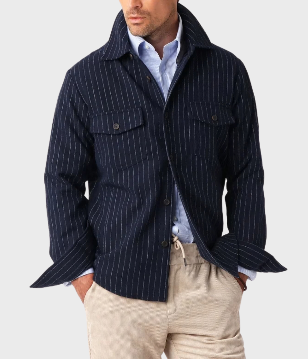 Woven Overshirt (Navy Pinstripe)