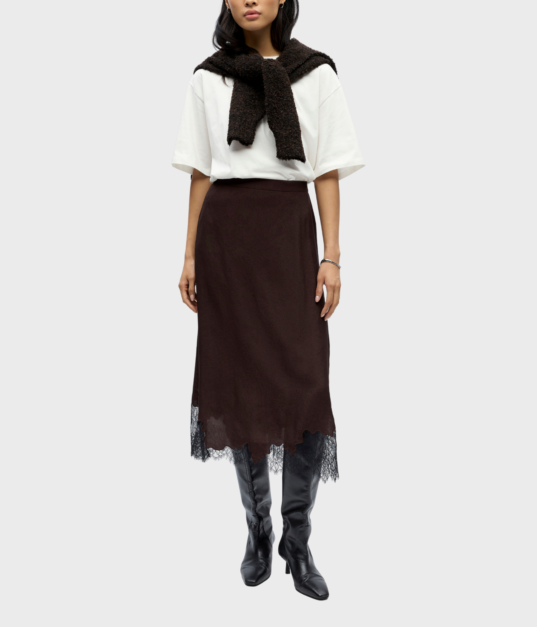 OBJDALME MW LONG LACE SKIRT E AW FAIR 25 (Seal Brown/ Detail:Black lace)