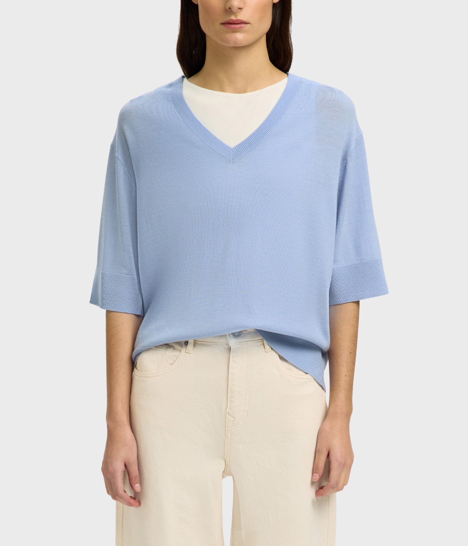 SLFTHEA SS KNIT MERINO V-NECK NOOS (CASHMERE BLUE)