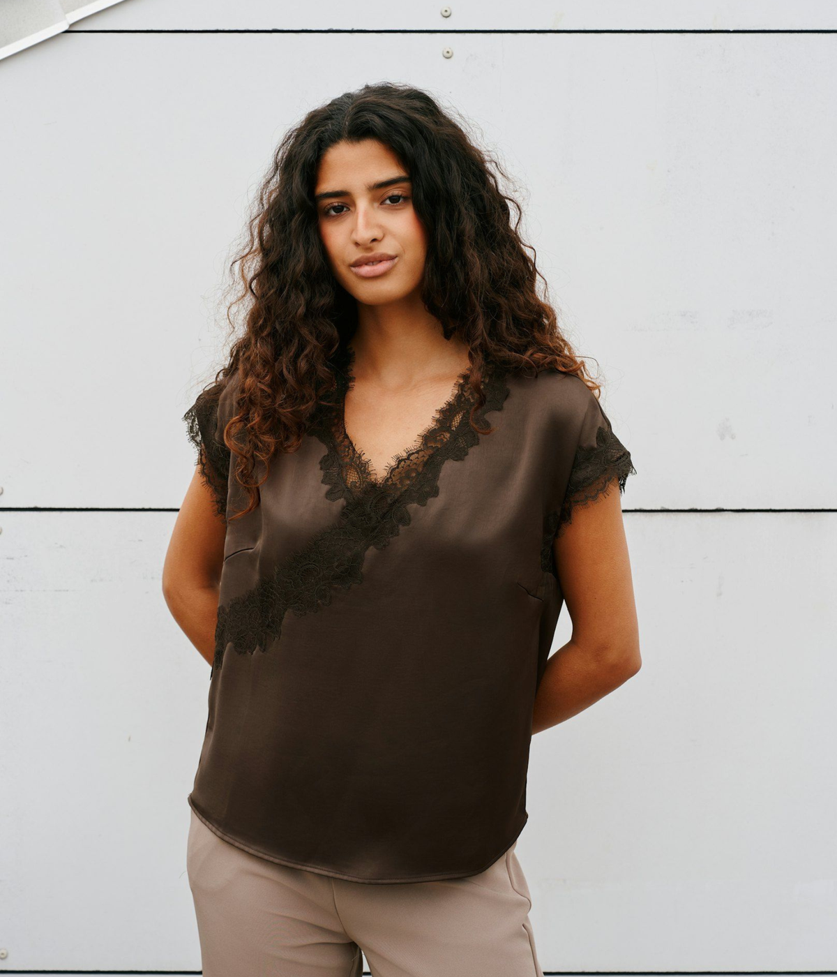 Benera Heavy Sateen Lace Blouse (676 DARK BROWN)