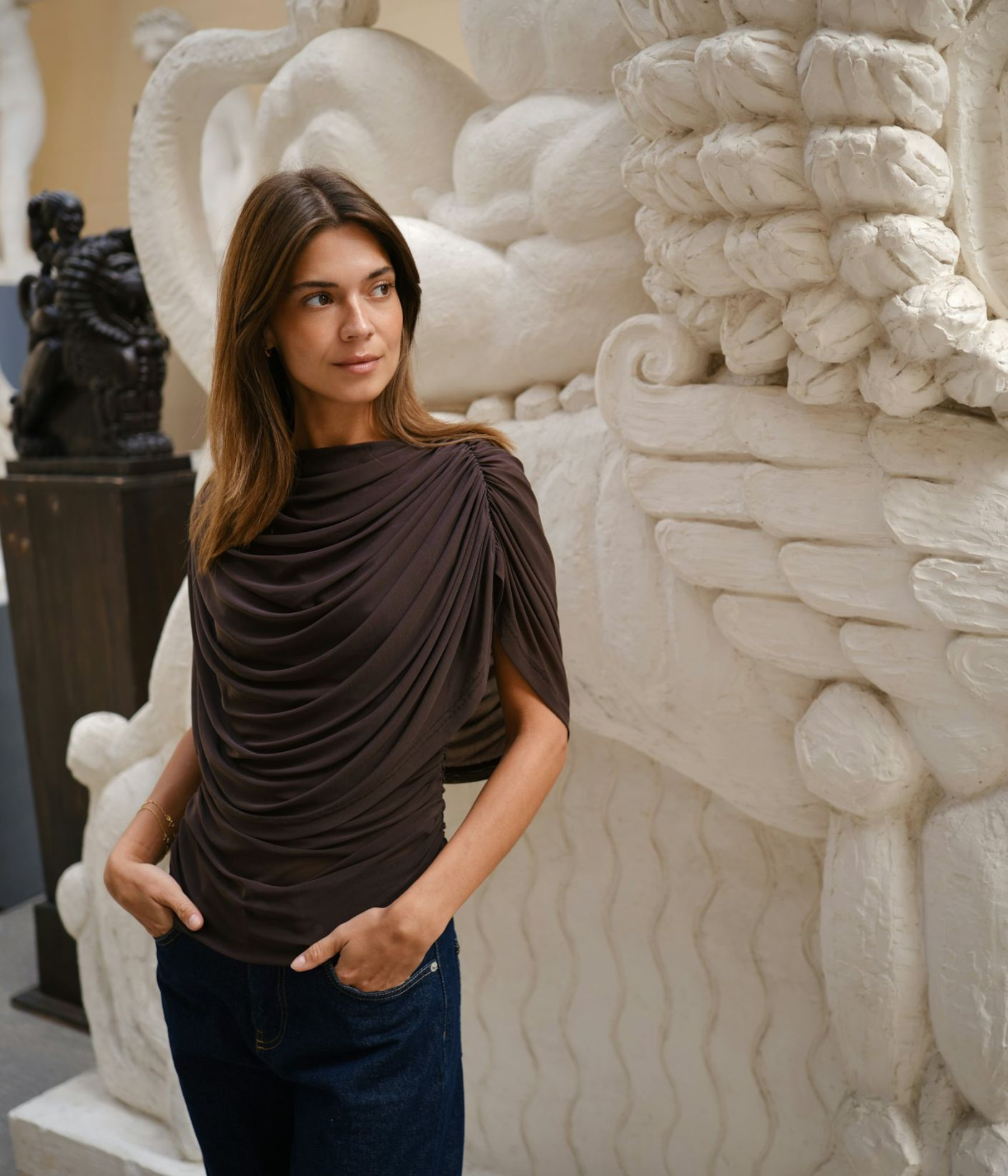 Cottuna Drapy Mesh Top (Brown)