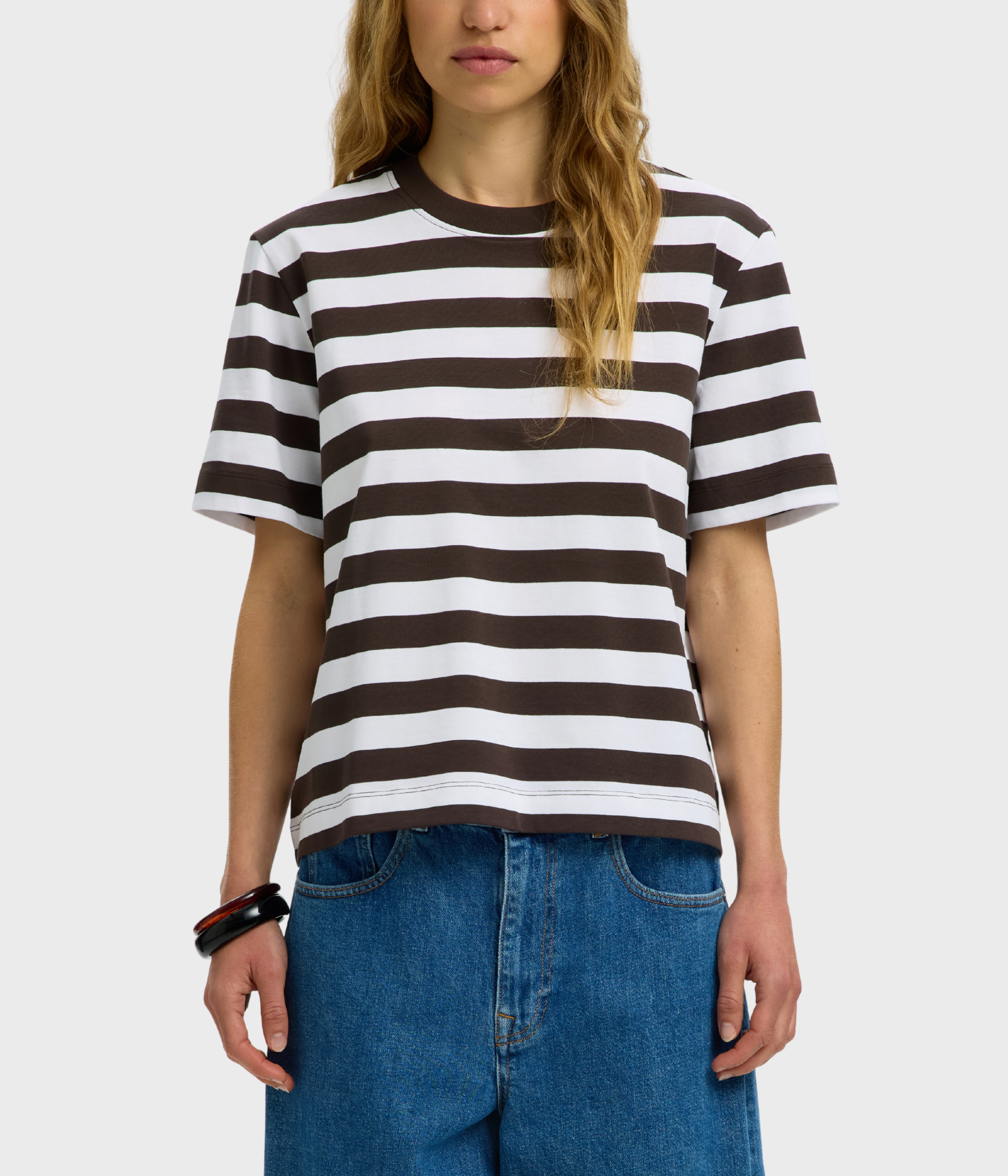 Slfessential Ss Striped Boxy Tee Noos. (Delicioso Stripes:BRIGHT WHITE - WIDE)