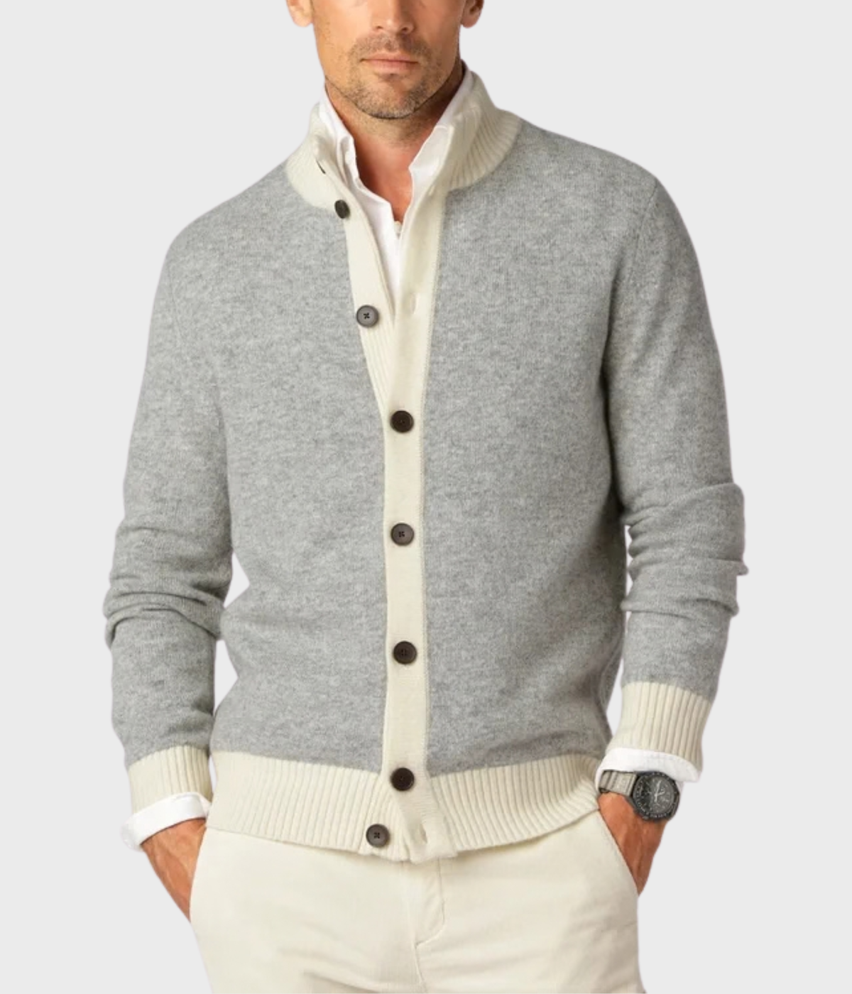 Two Color Cardigan. (Grey Melange)