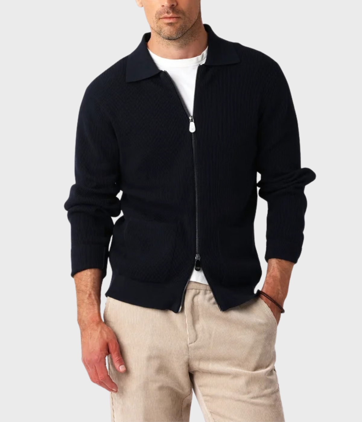 Cotton Ribb Zip Cardigan (Navy)