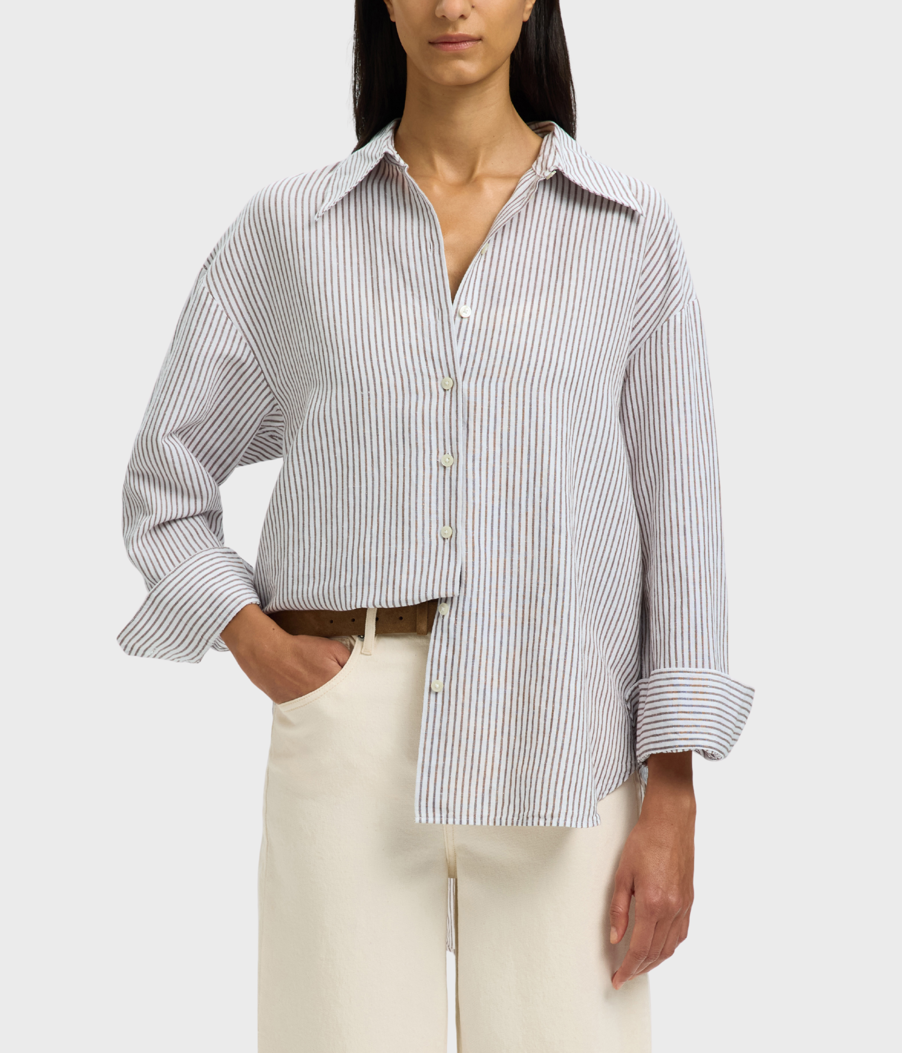 SLFCLEO OVERSIZE LINEN BLEND SHIRT NOOS (Bright White Stripes:CHOCOLATE CHIP) - D.O. Design Only