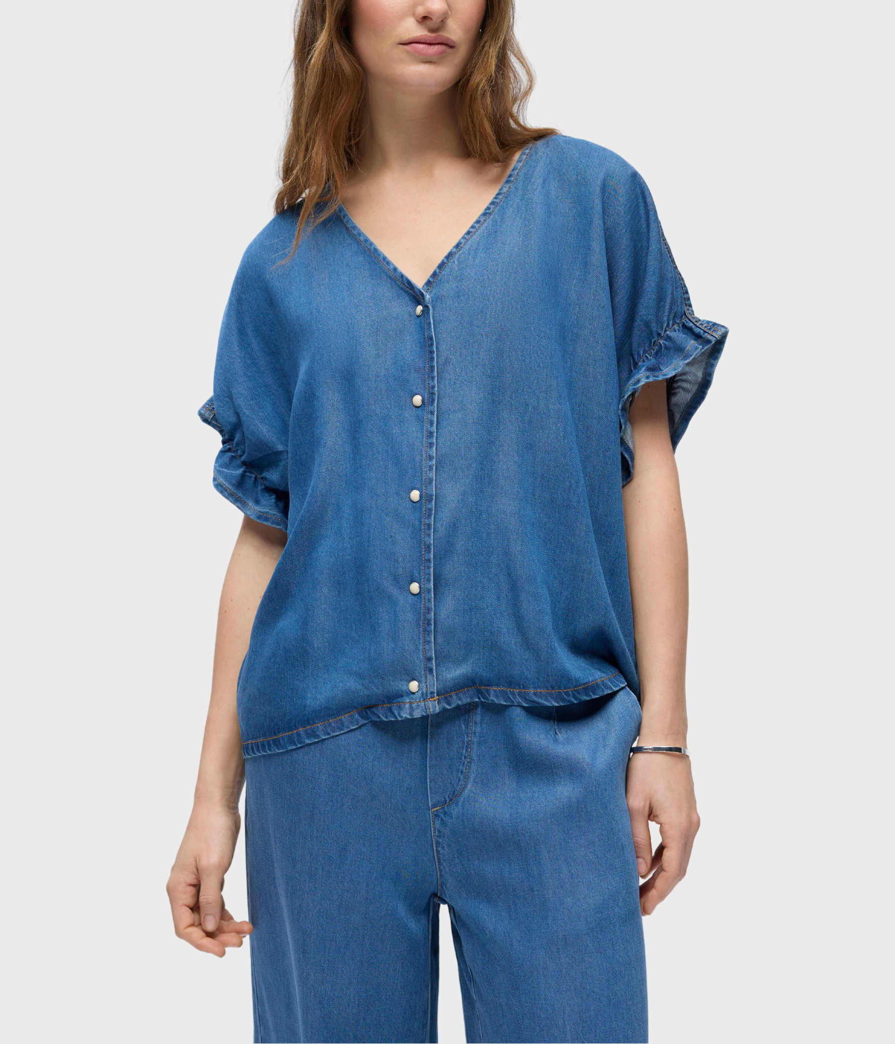 Objframe 2/4 V-Neck Re Top Noos (Medium Blue Denim)