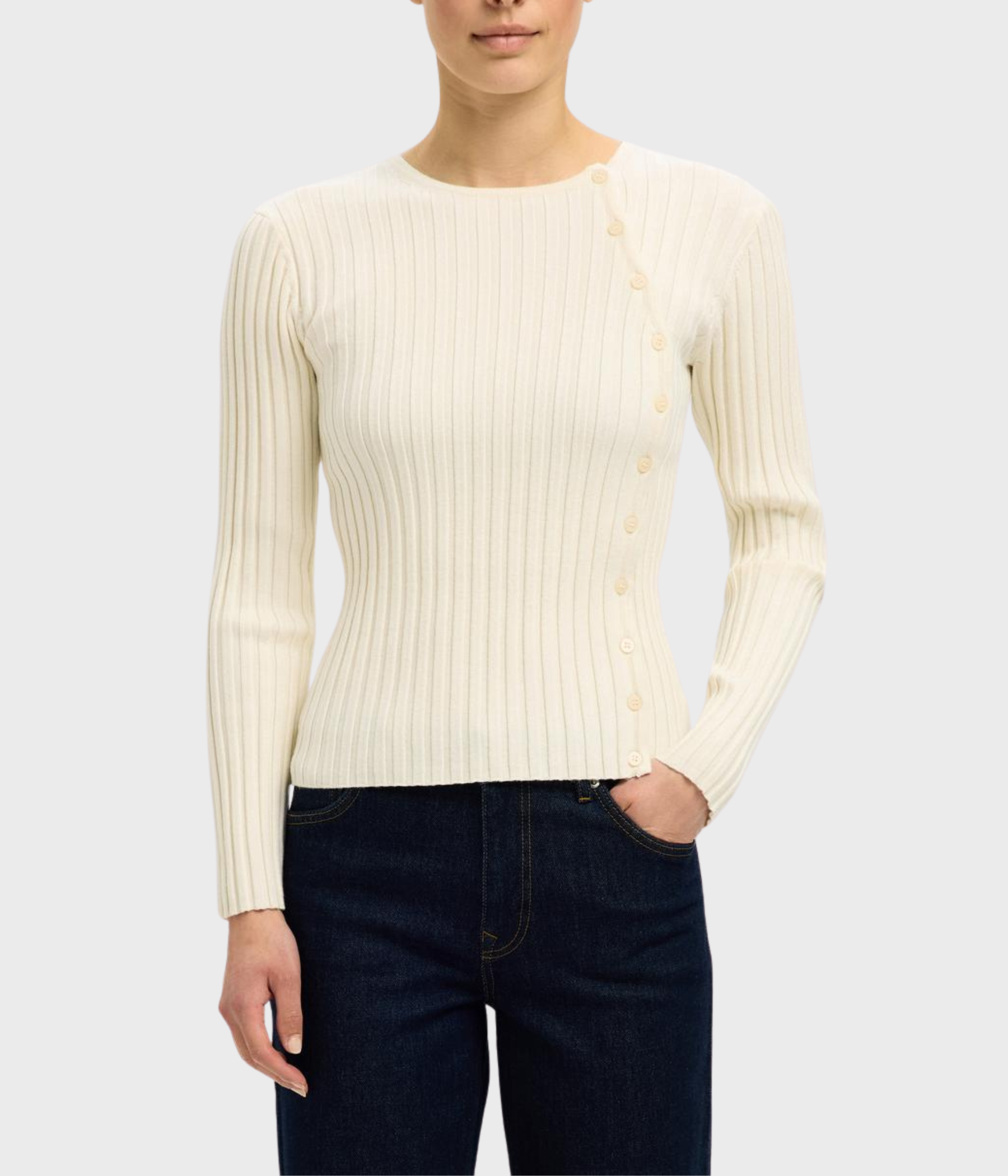 SLFHELEN LS KNIT BUTTON O-NECK TOP (Birch)