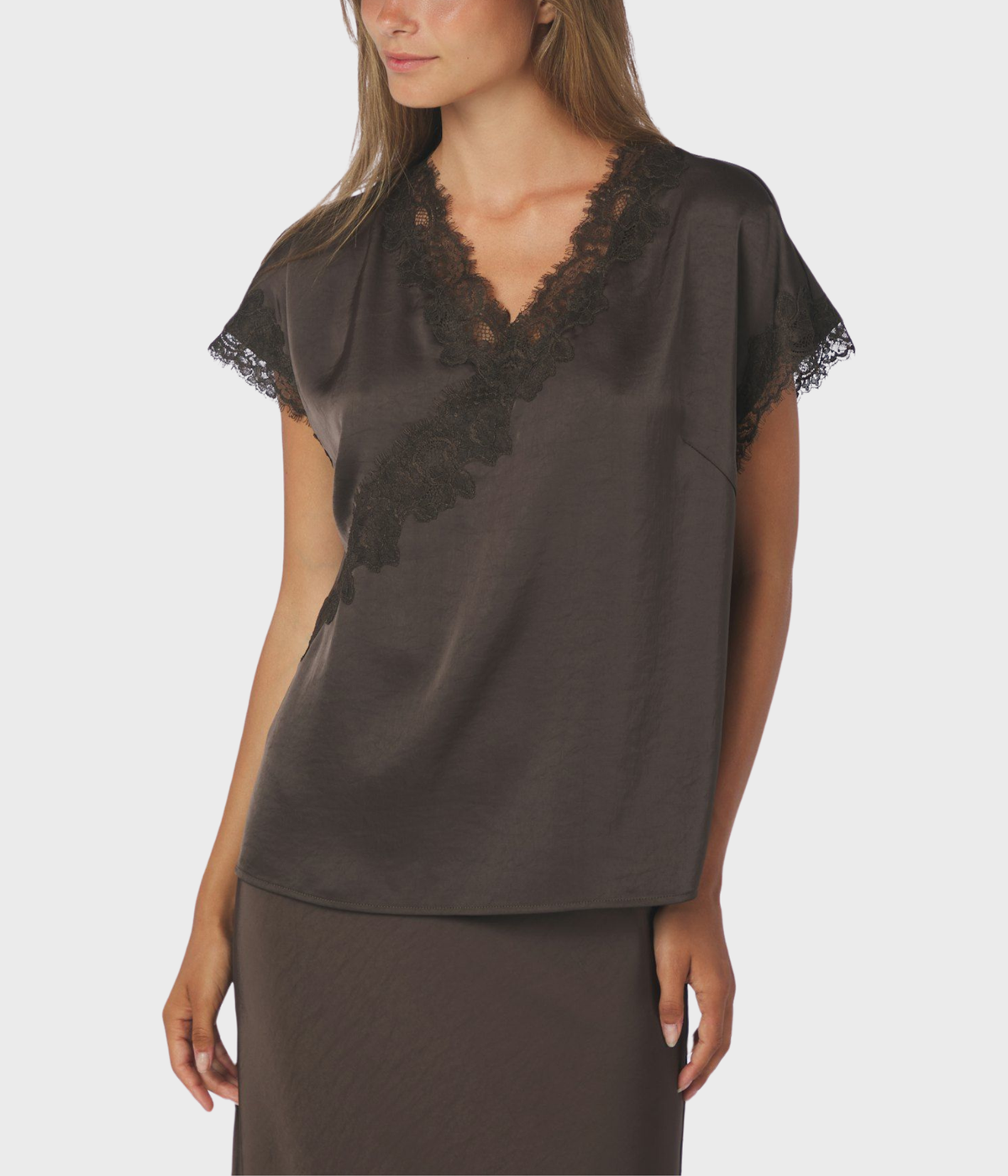 Benera Heavy Sateen Lace Blouse (676 DARK BROWN)