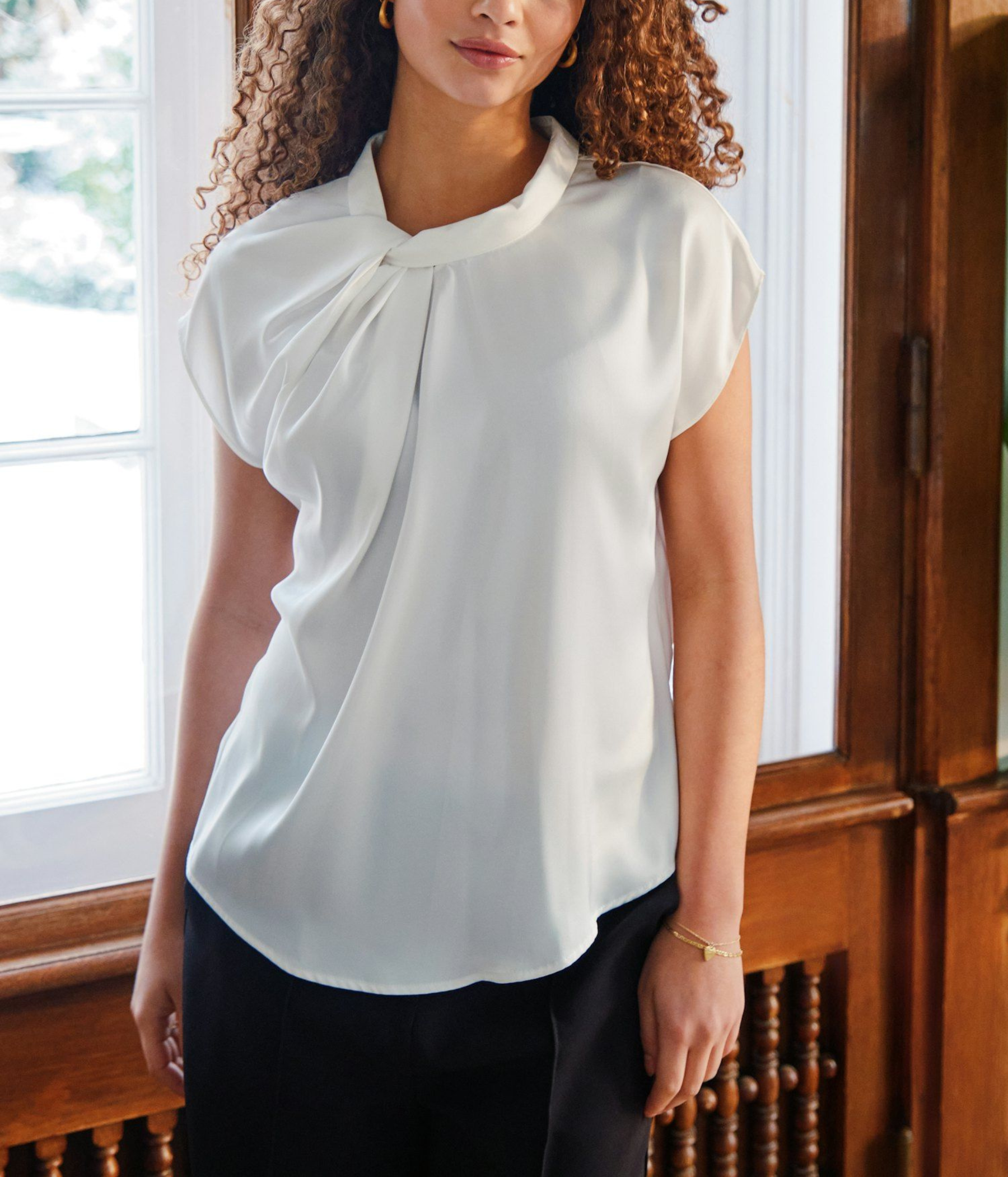 Fleur Drapy Satin Blouse. (121 Off White)
