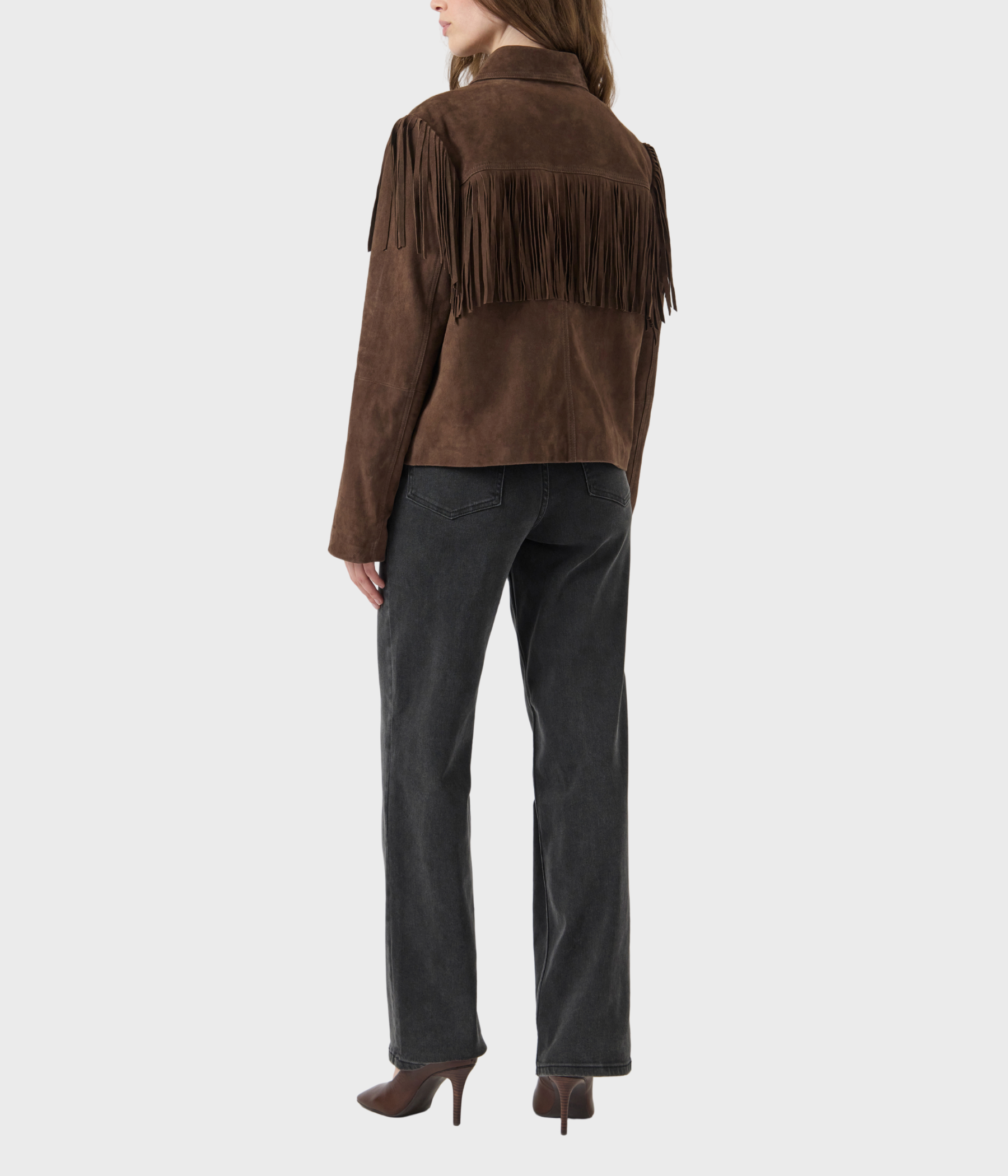 YASHANNAH LS SUEDE LEATHER FRINGE JACKET (Chocolate brown)