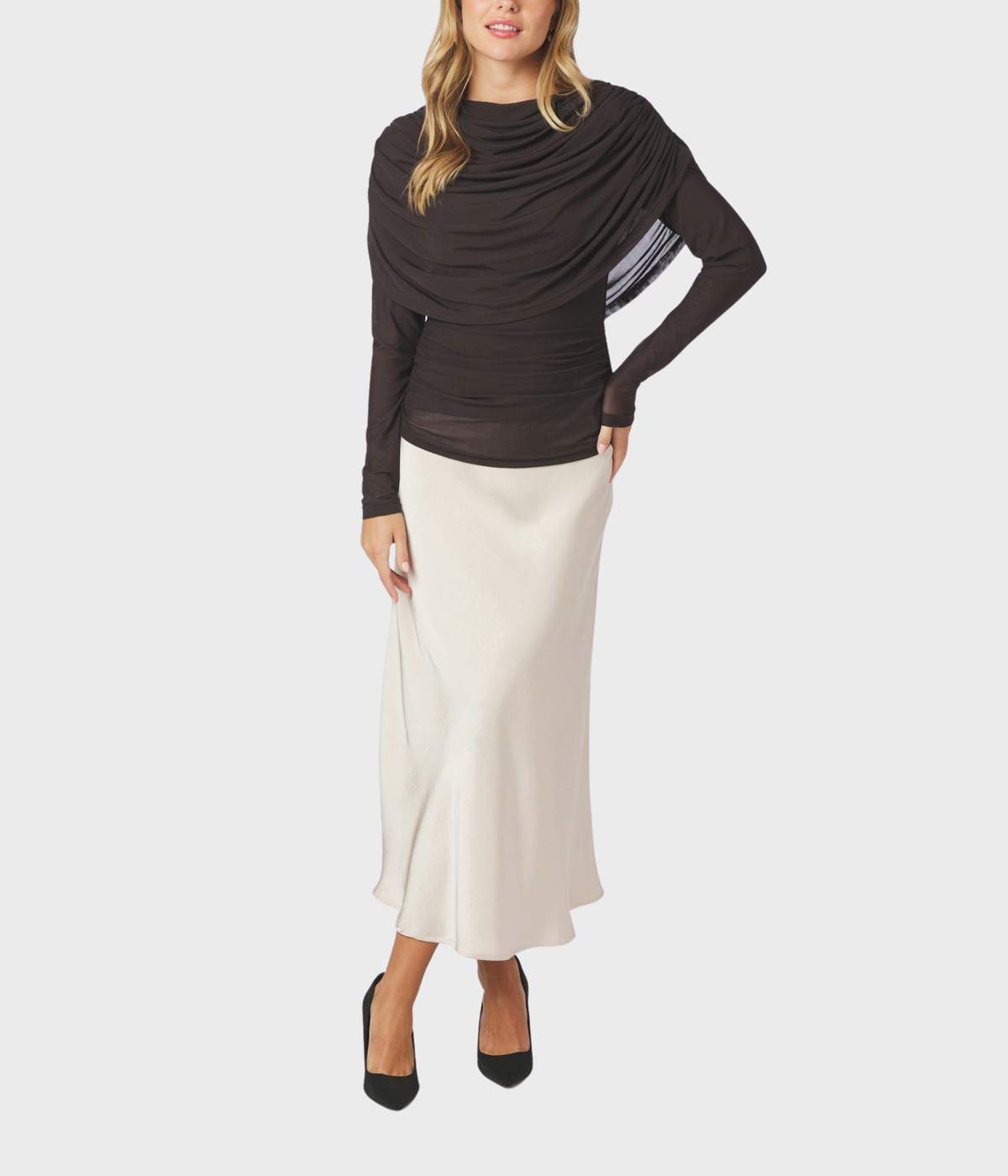Lottuna Drapy Mesh Blouse (676 DARK BROWN)