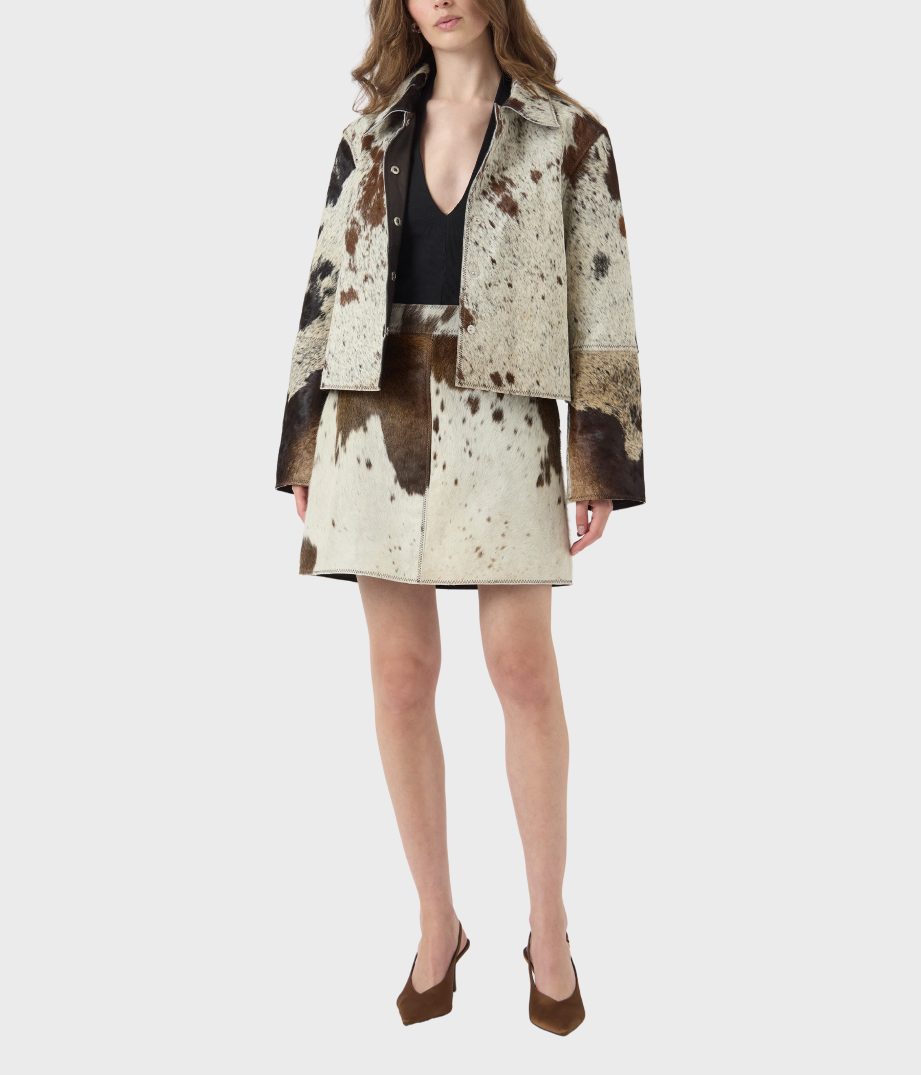 YASCAROLINE LS COW LEATHER JACKET - D2D. (Chocolate Brown AOP:Cow Print)