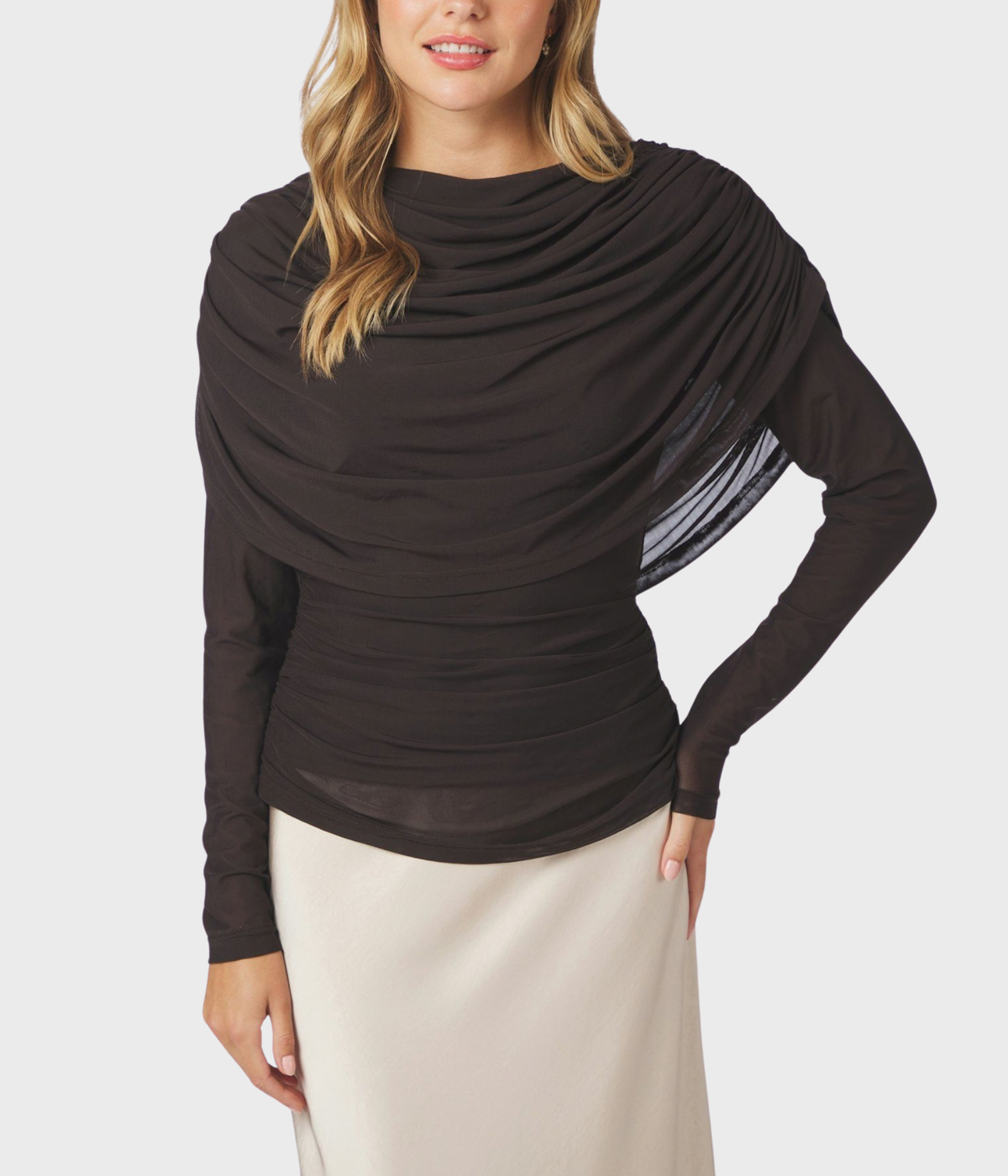 Lottuna Drapy Mesh Blouse (676 DARK BROWN)