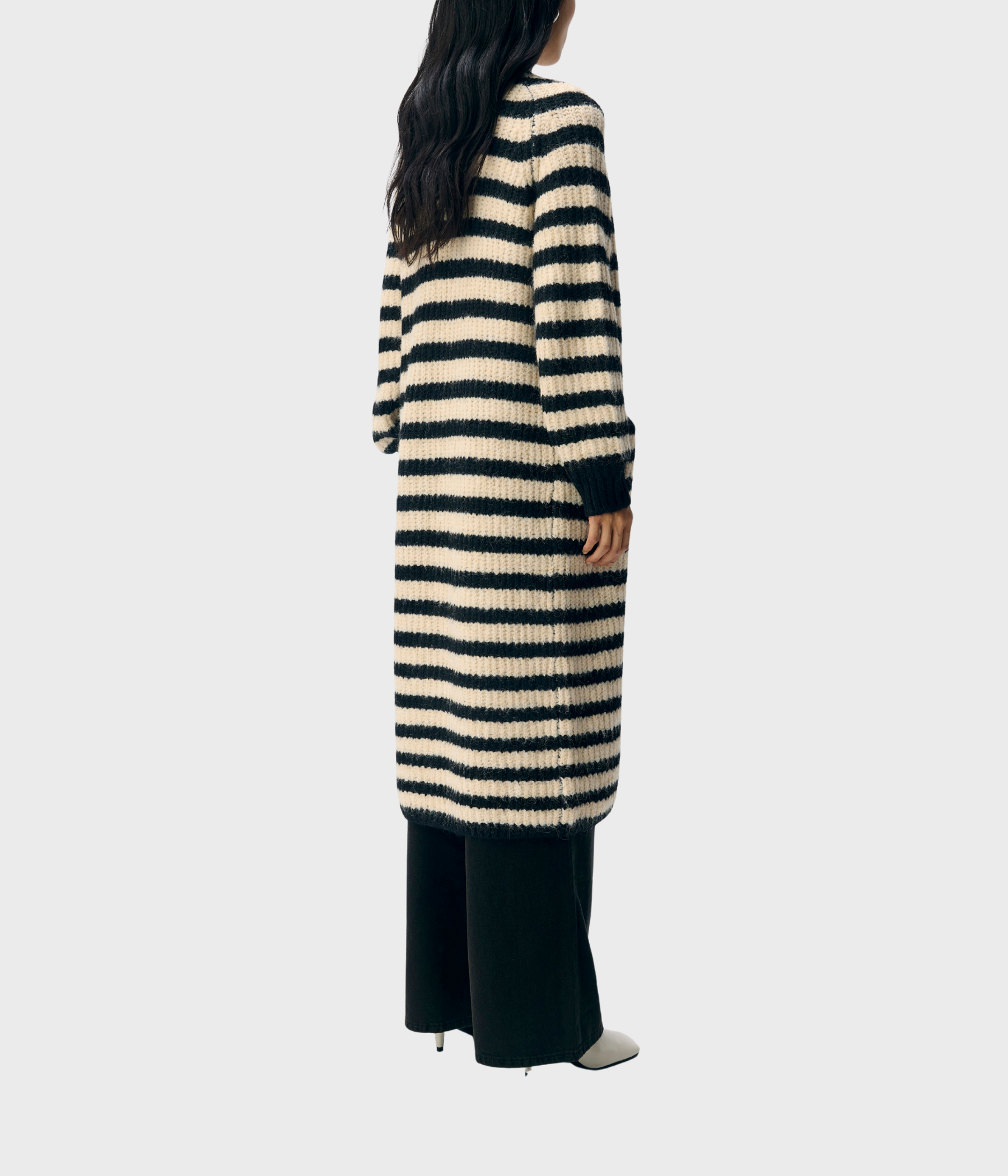OBJMILU LS LO LONG KNIT CARDIGAN NOOS (Black Stripes:Sandshell)