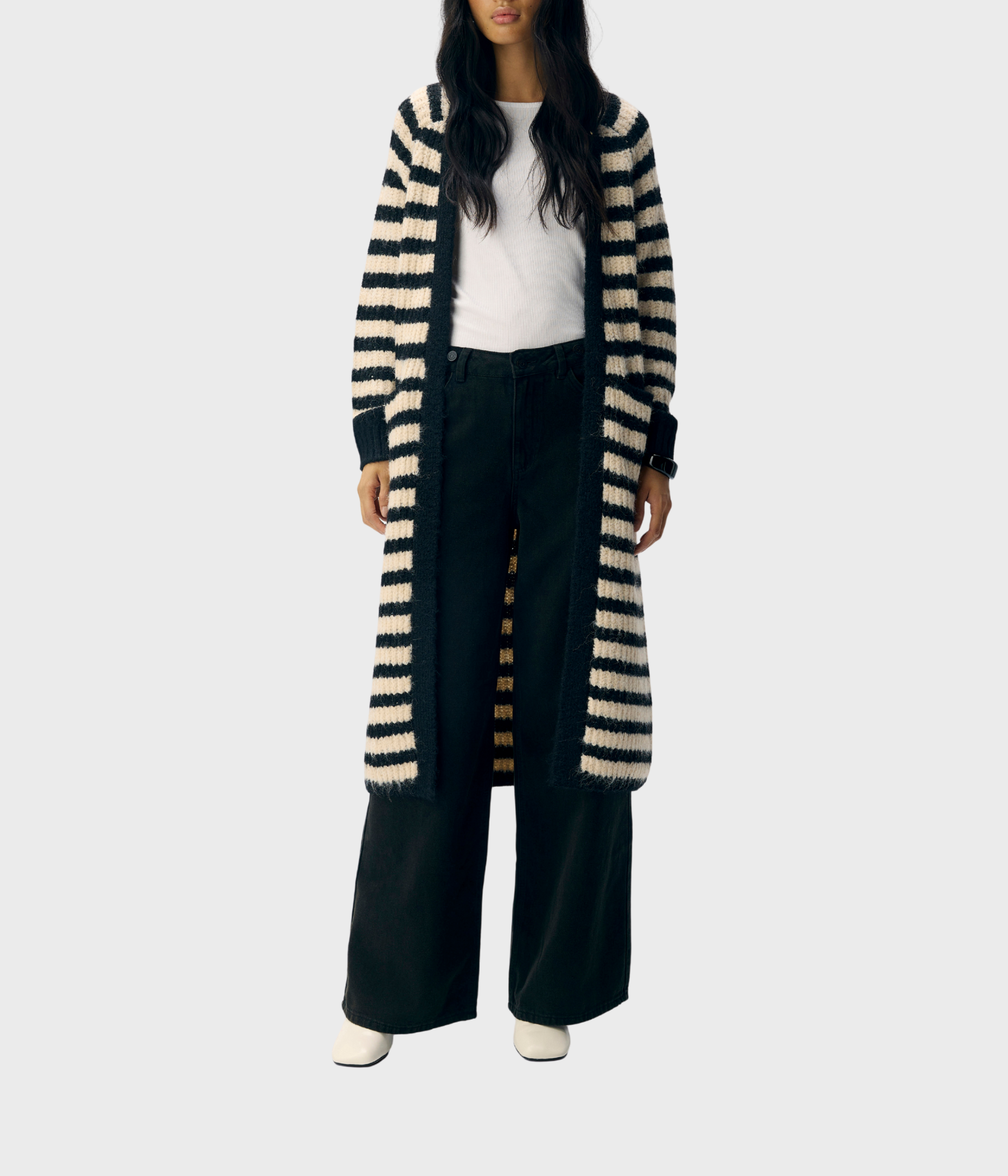 OBJMILU LS LO LONG KNIT CARDIGAN NOOS (Black Stripes:Sandshell)