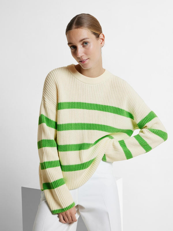 SLFBLOOMIE LS KNIT O-NECK NOOS (Snow White Stripes:CLASSIC GREEN)