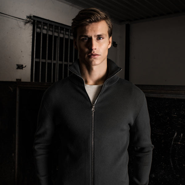 Rib Zip Cardigan (Dk Grey Mel)